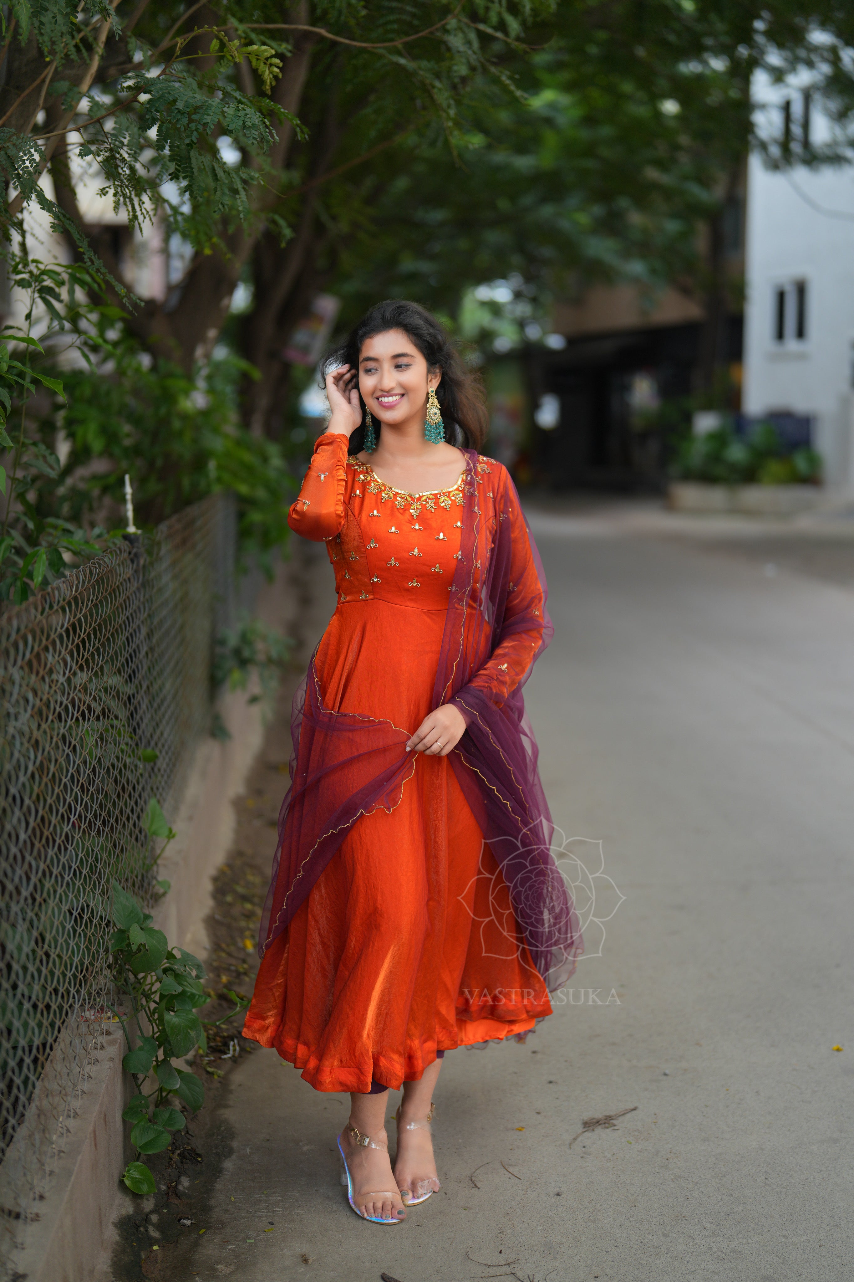 Rust orange space silk Anarkali