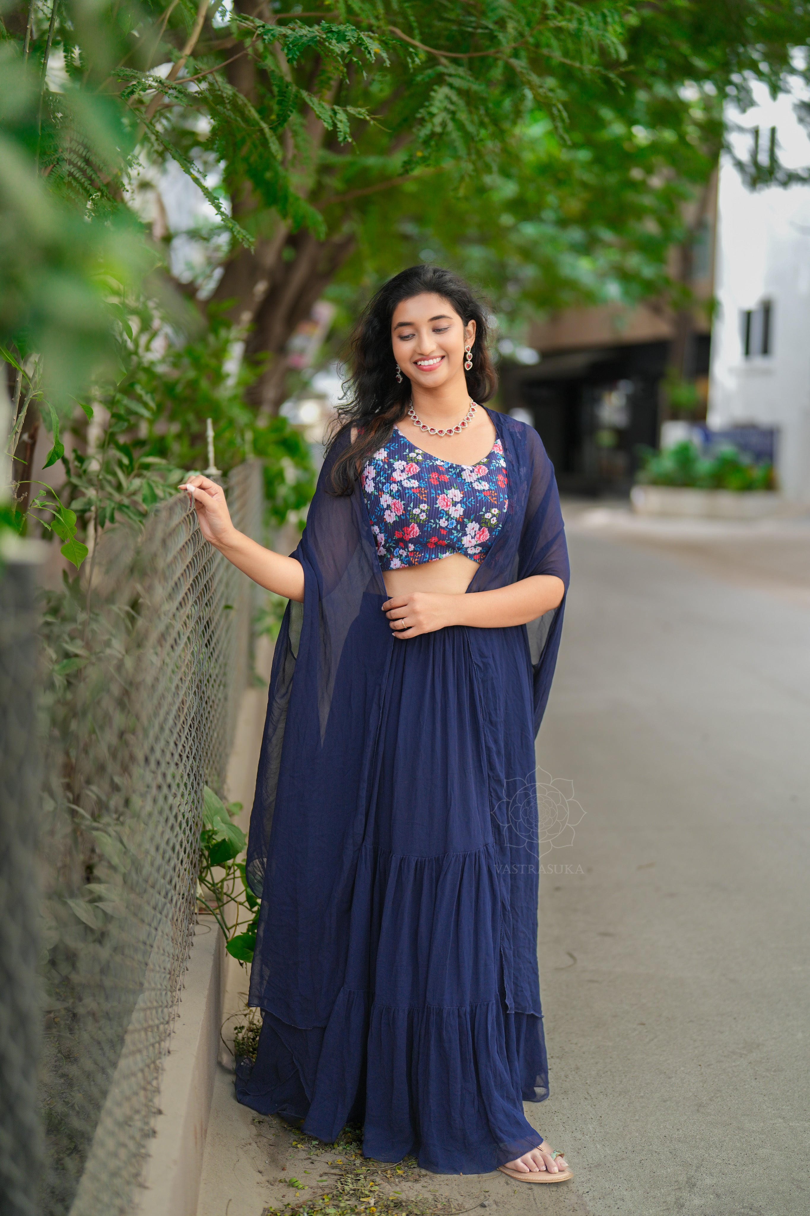 Navy blue layered Lehanga crop top