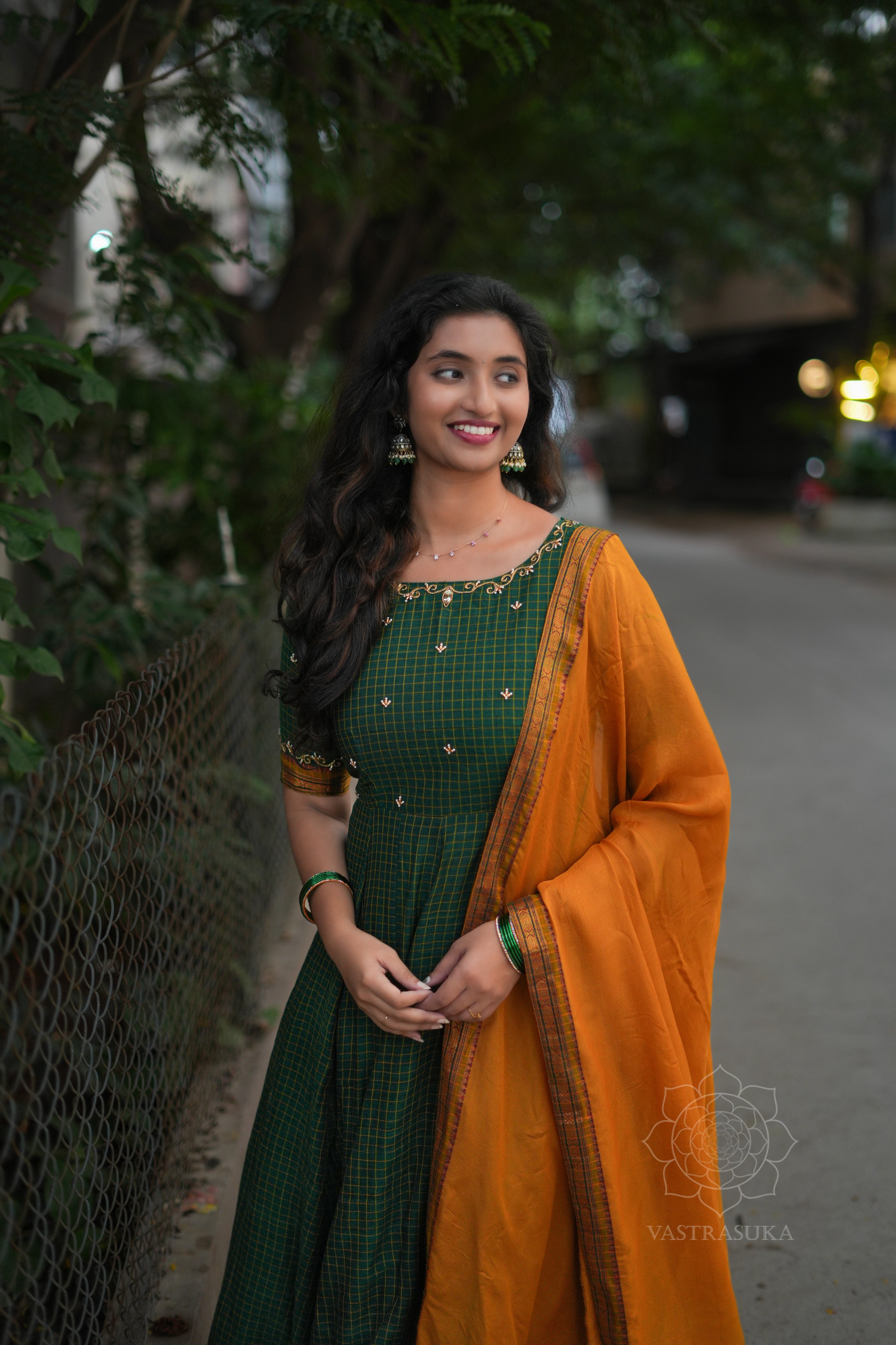 Green checks Anarkali handlooom