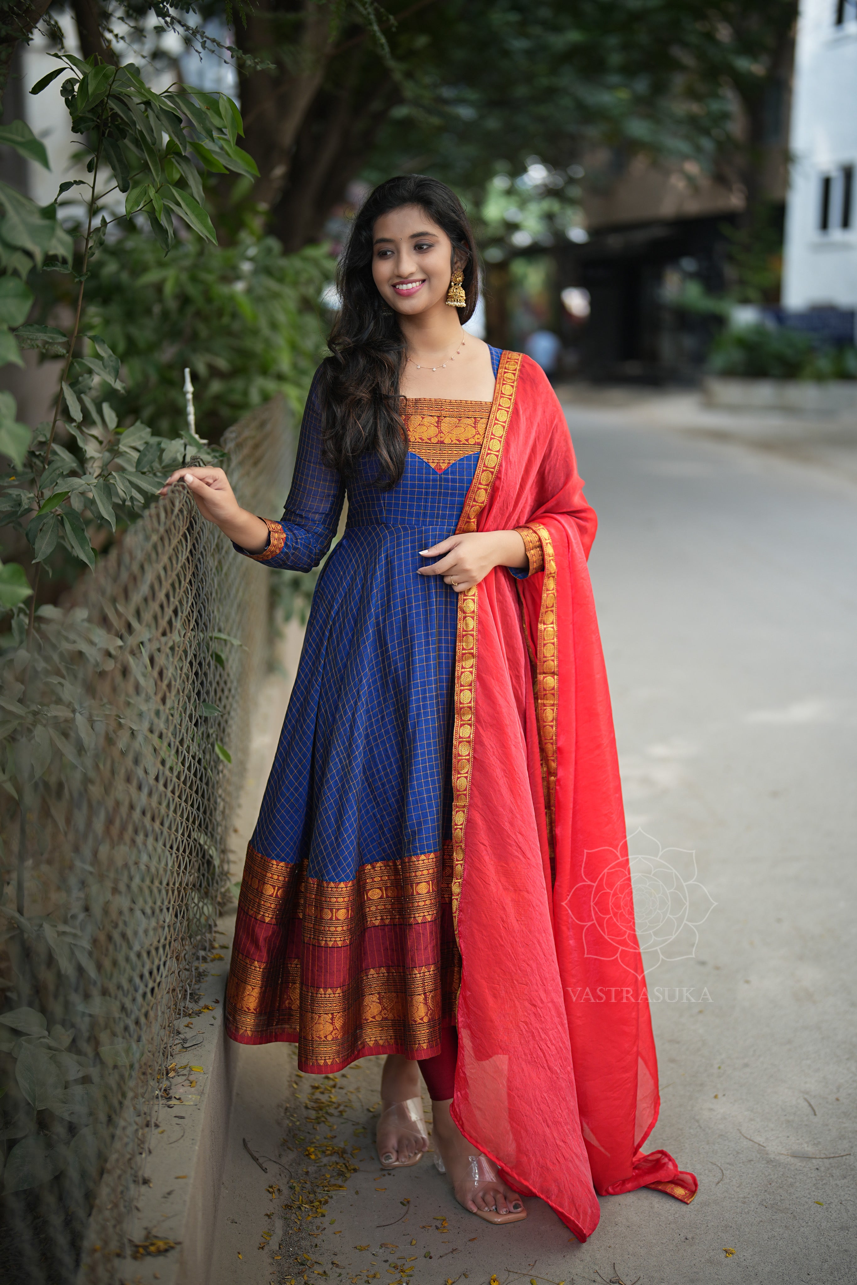 Navyblue checks Anarkali handloom