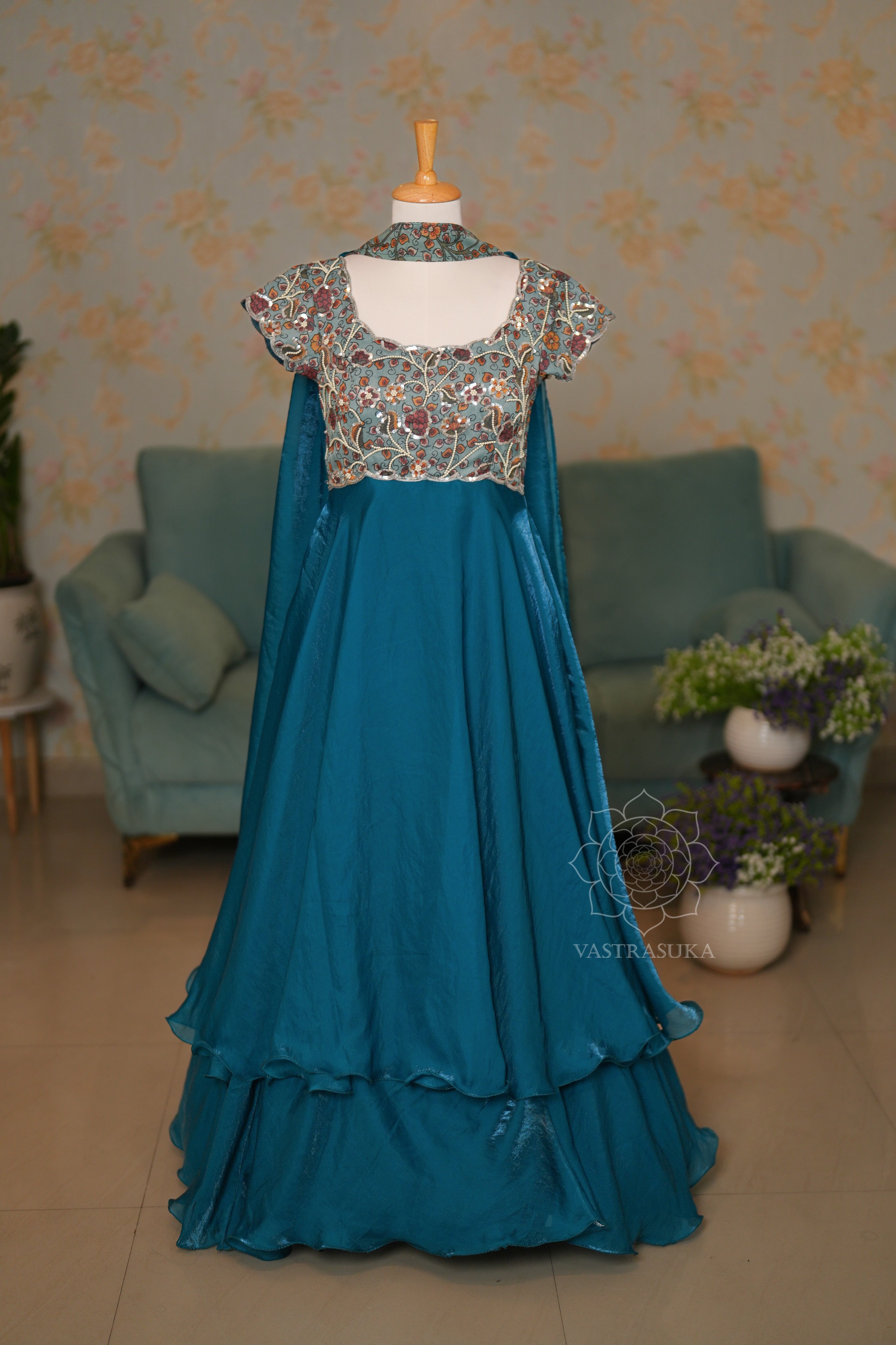 Teal blue kalamkari Long Dress Set