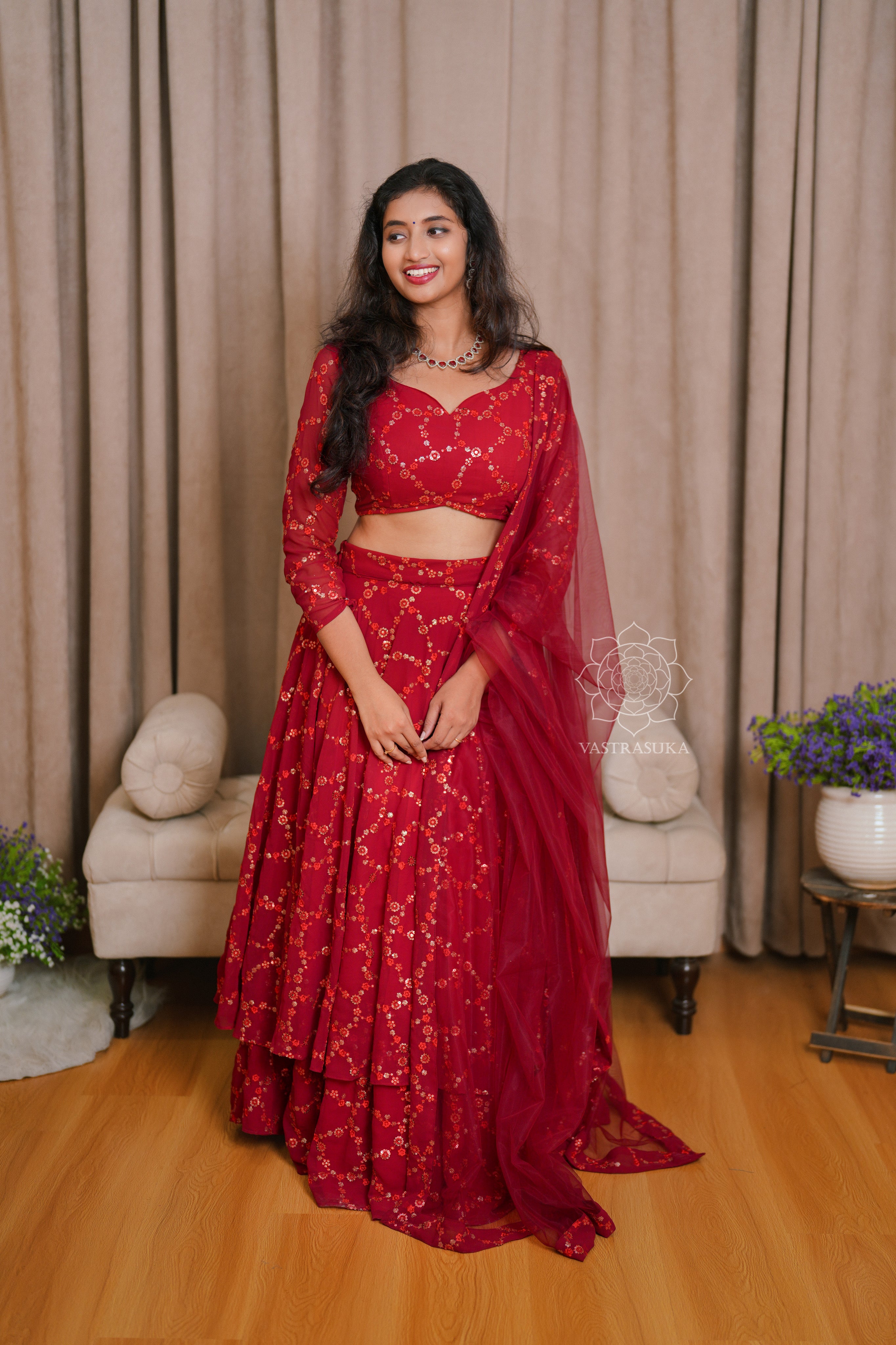 Rose Red Embroidered Lehenga Set