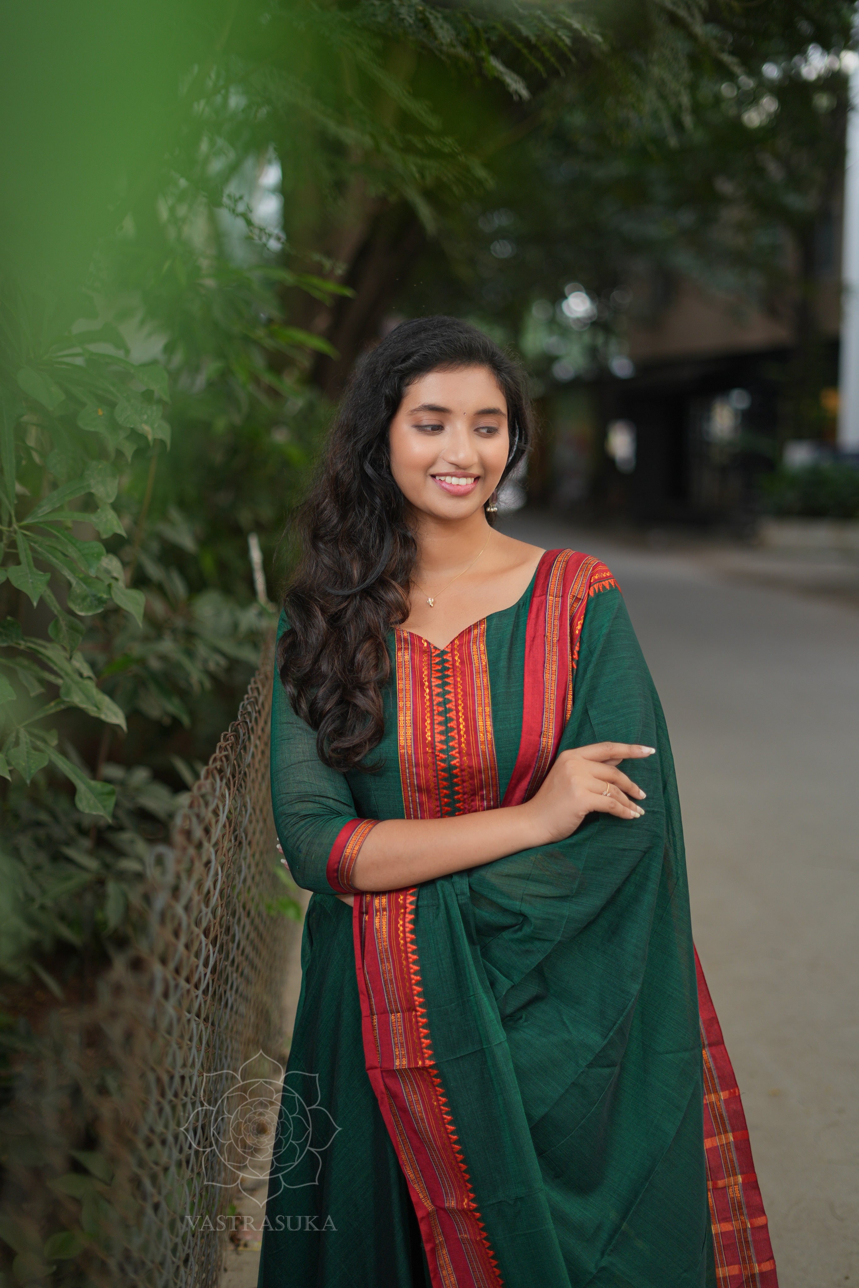 Bottle green handloom Anarkali
