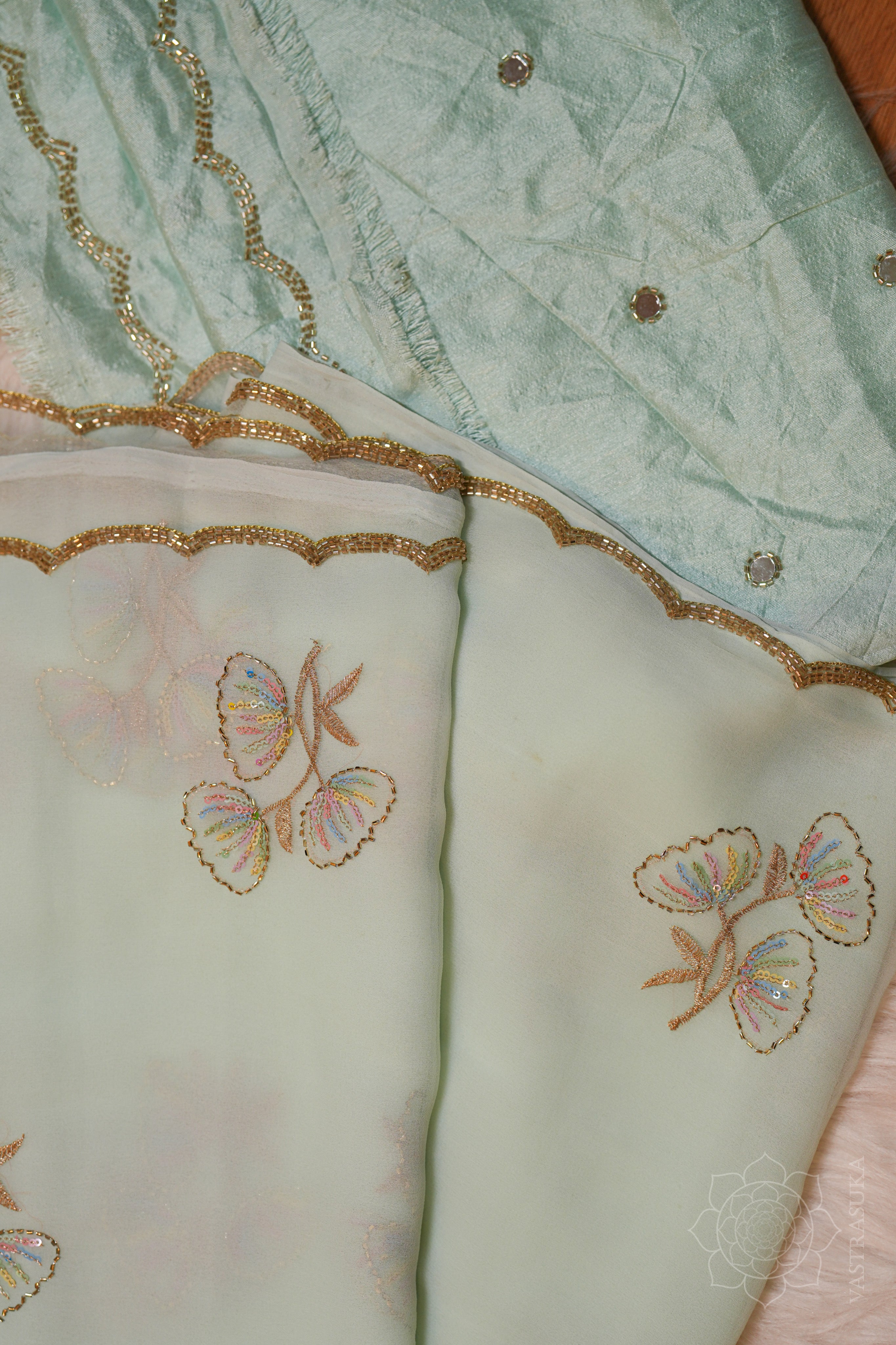Pista Mint Georgette Handwork Saree