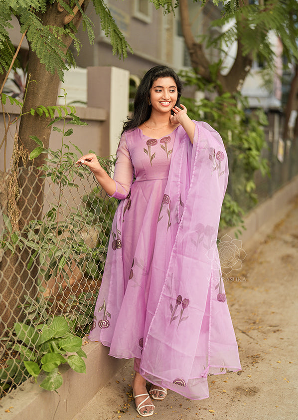 Lavender Hand-Painted Organza Dress Set