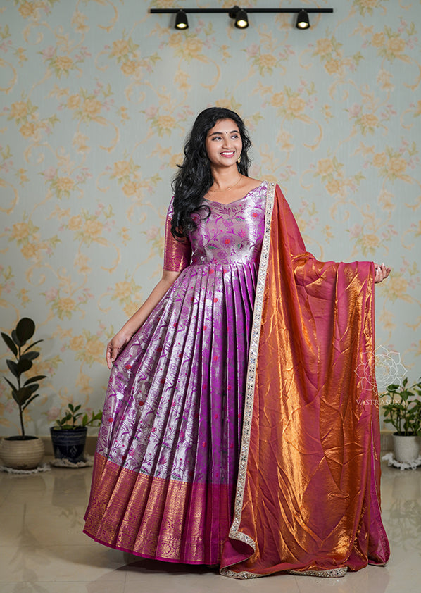 Kalamkari Banaras Tissue Long Dress with Silk Tissue Dupatta