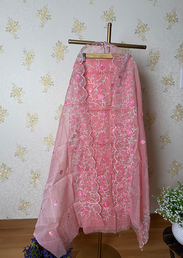 Premium Quality peach pink kota doria Cotton thread work Embroidered Salwar Suit