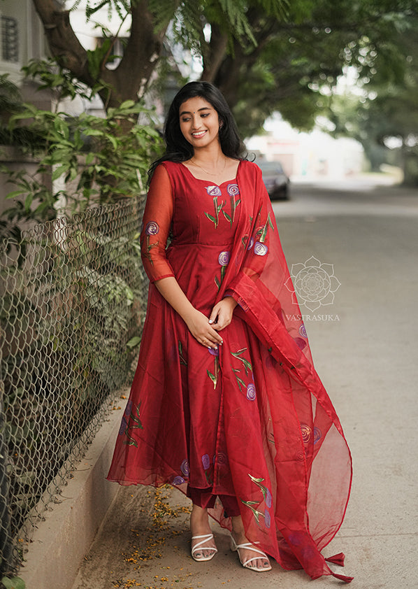 Burgundy Red Hand Painted Anarkali