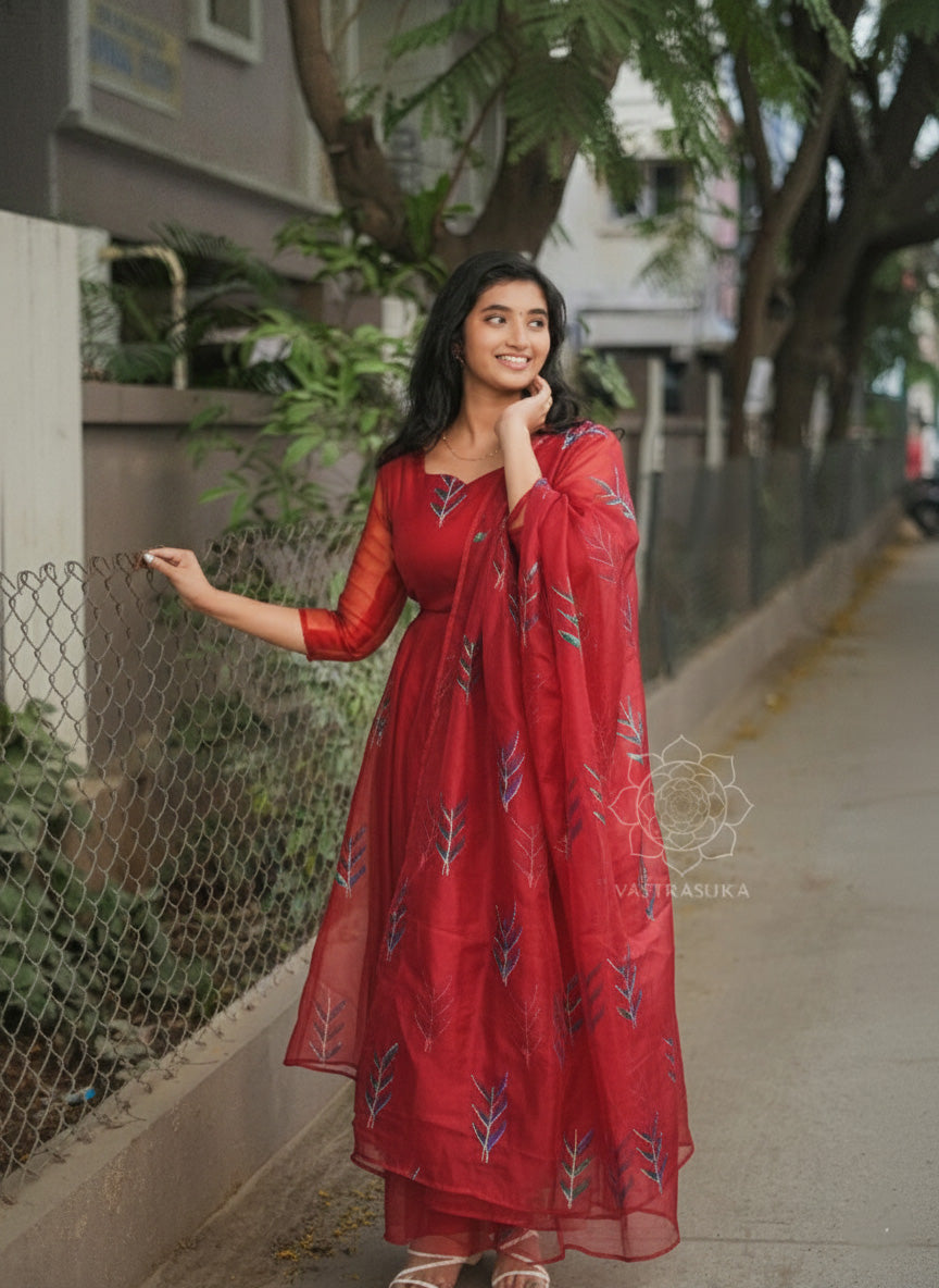 Burgundy Red Hand Painted Anarkali