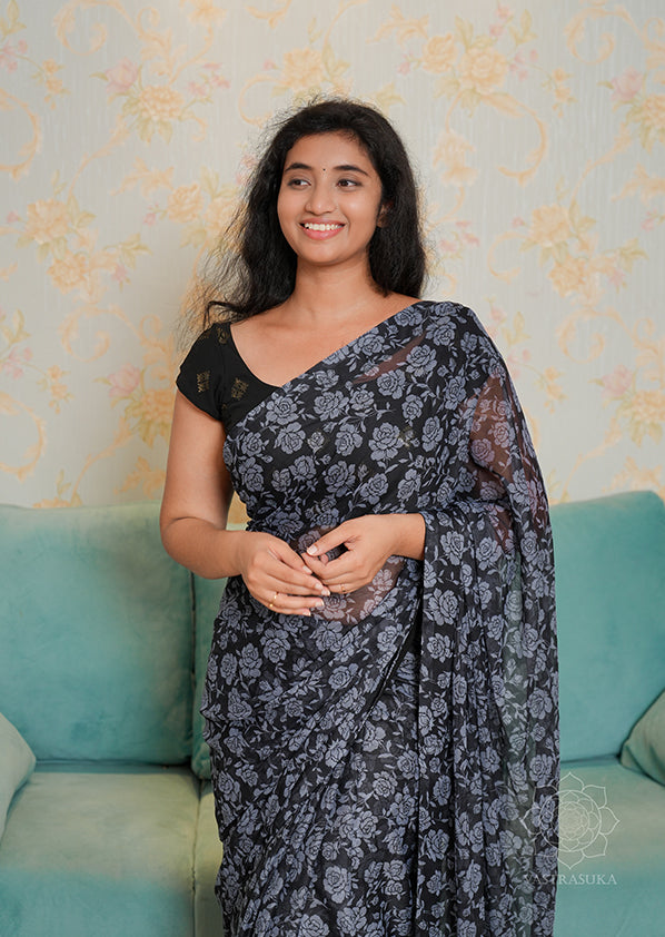 Black Floral Chiffon Saree
