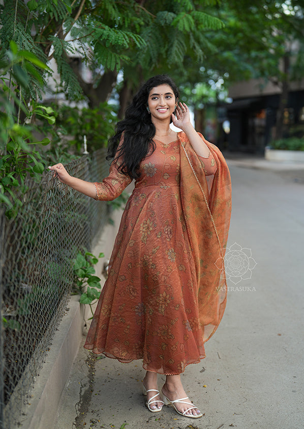 Peach Orange Tissue Anarkali
