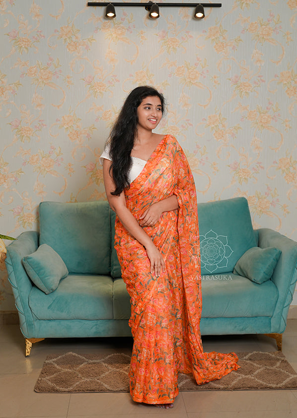 Light Orange Floral Chiffon Saree