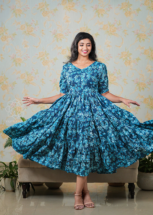 Teal Blue Floral Flared Dress