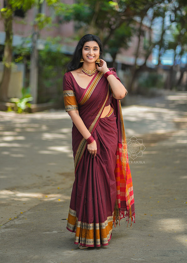 Burgundy Red Narayanpet Saree with Mustard Border