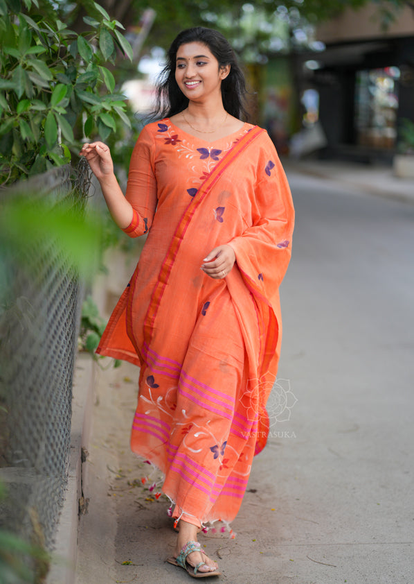 Peach orange mul cotton Kurti set