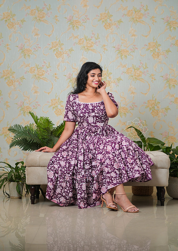 Wine Pink Floral Flared Dress