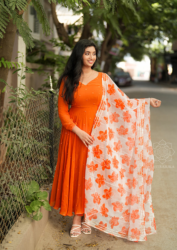 Rust Orange Mirror Embroidered Anarkali Set