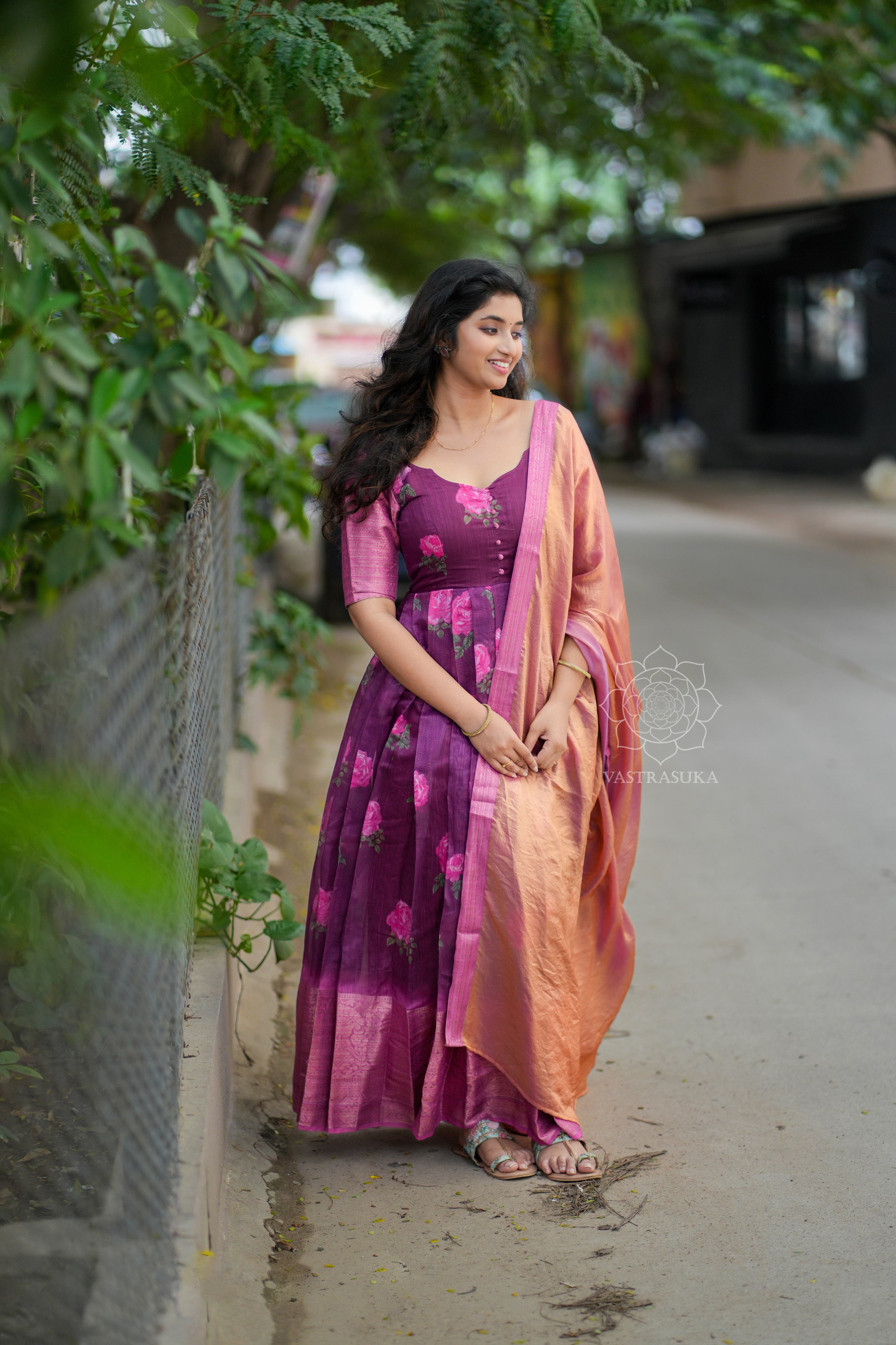 Wine red cotton Kanchi floral long dress