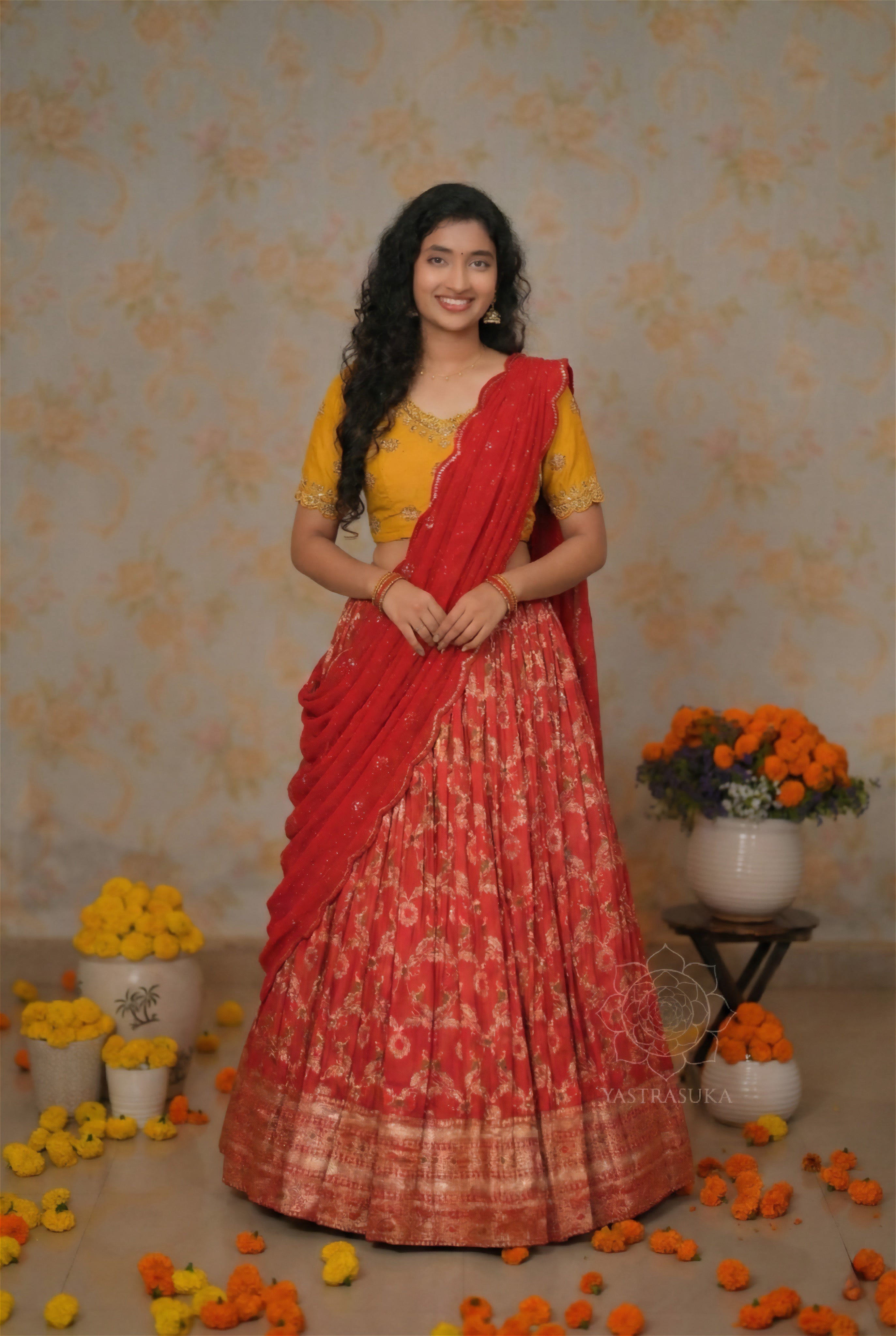 Red Zari Weaved Half Saree