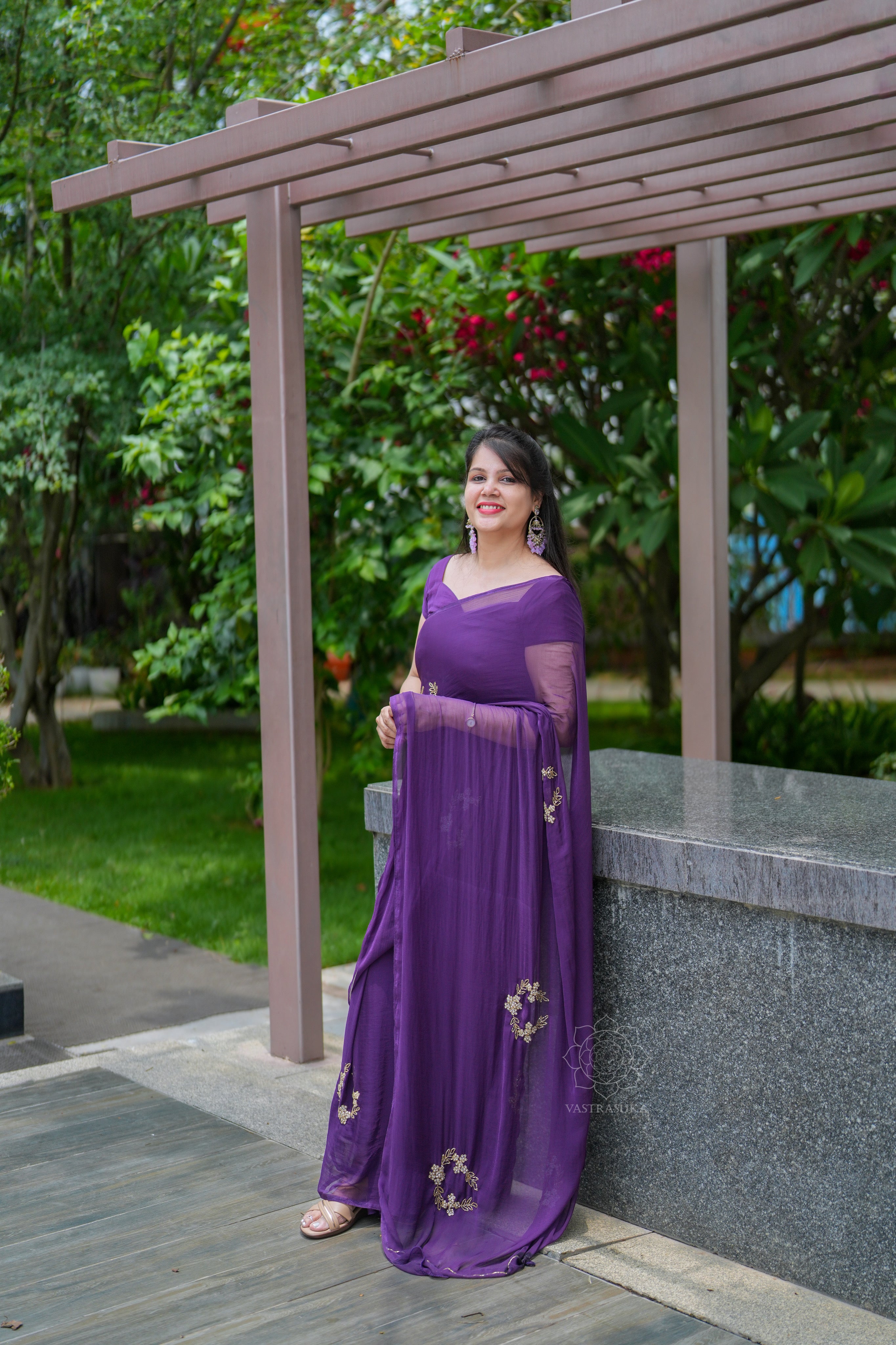 Purple hand emroidery chiffon saree