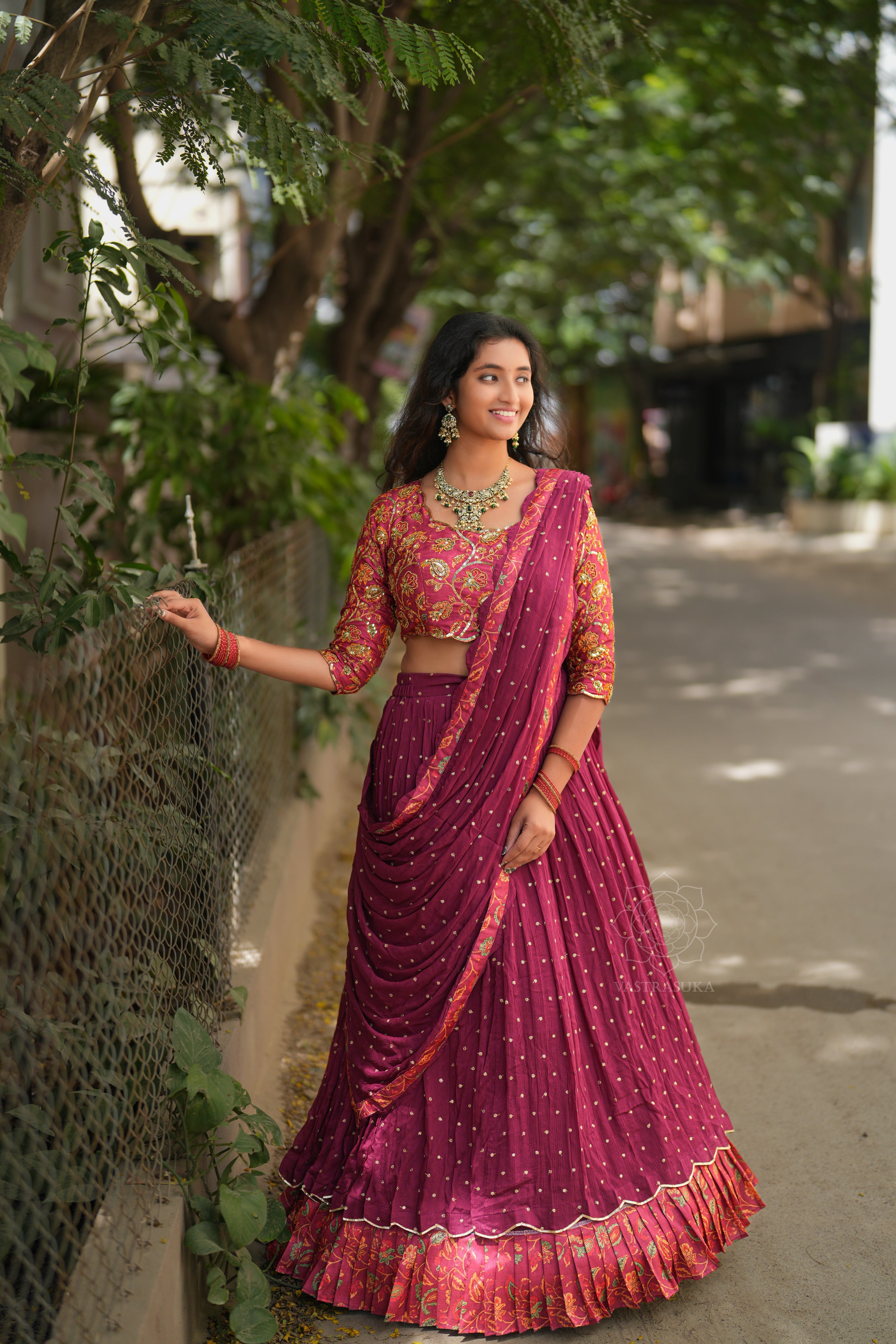 Wine red kalamkari lehanga set