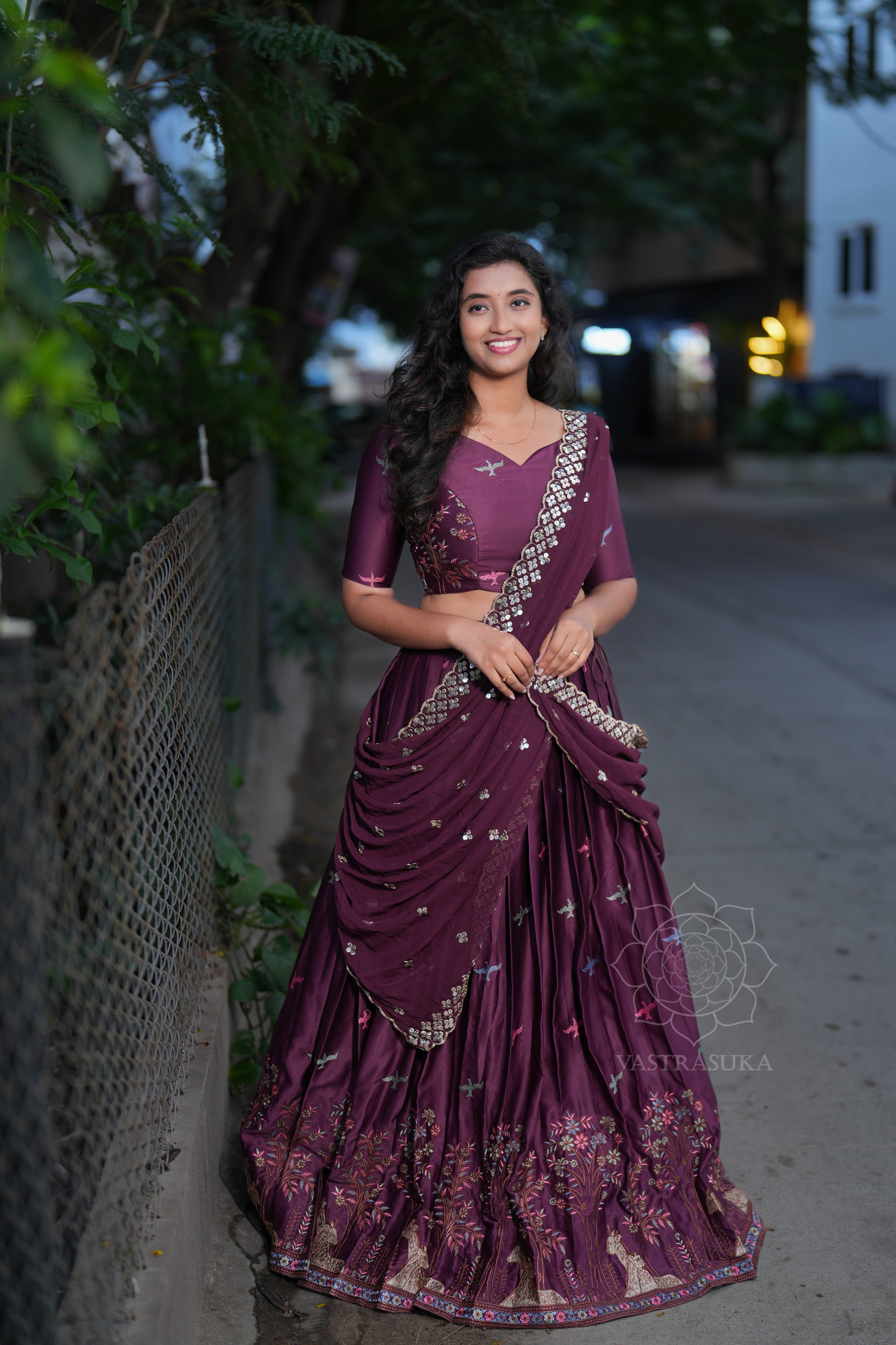 Wine emroidery lehanga set