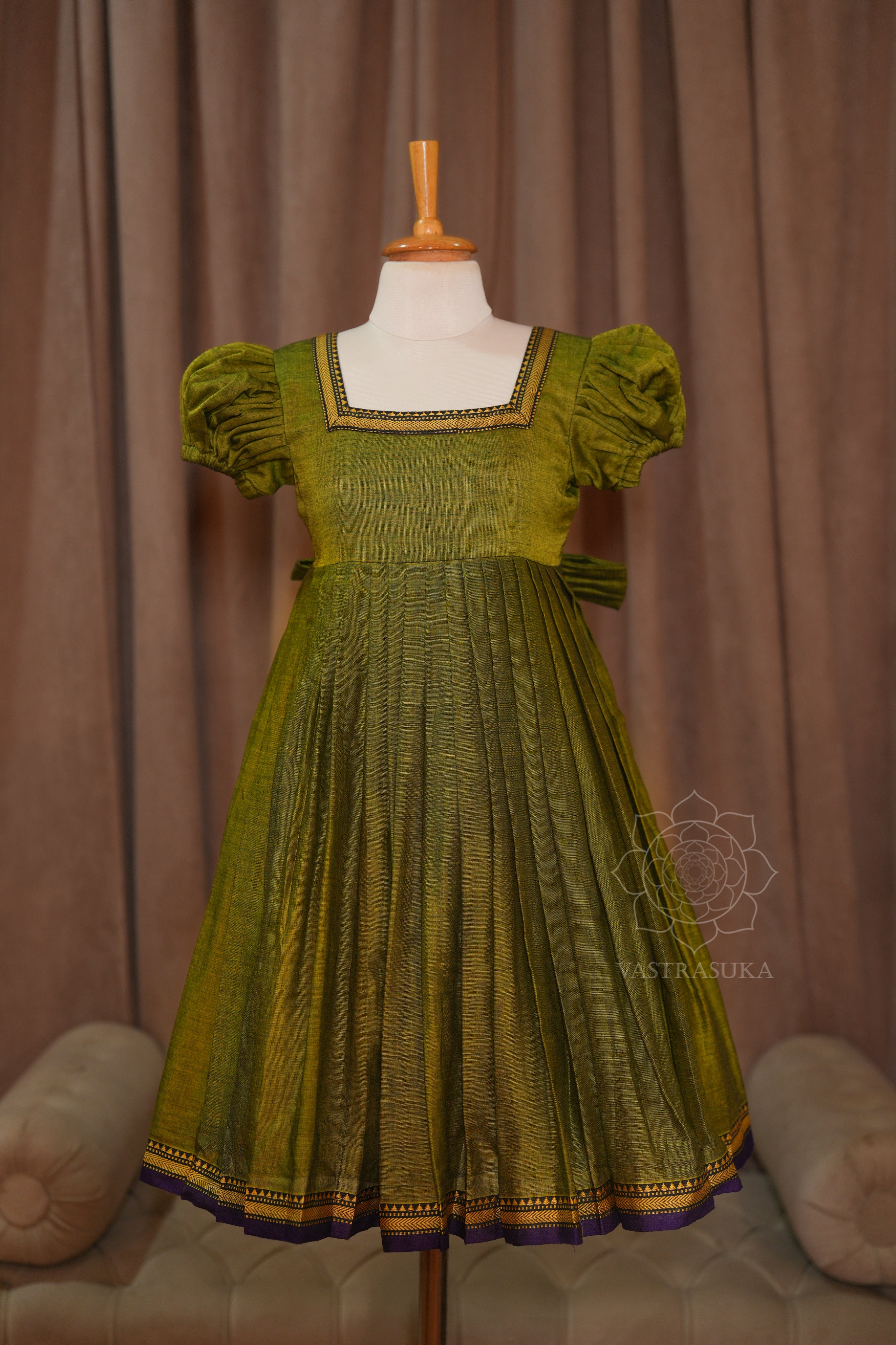 Rust green handloom kids dress