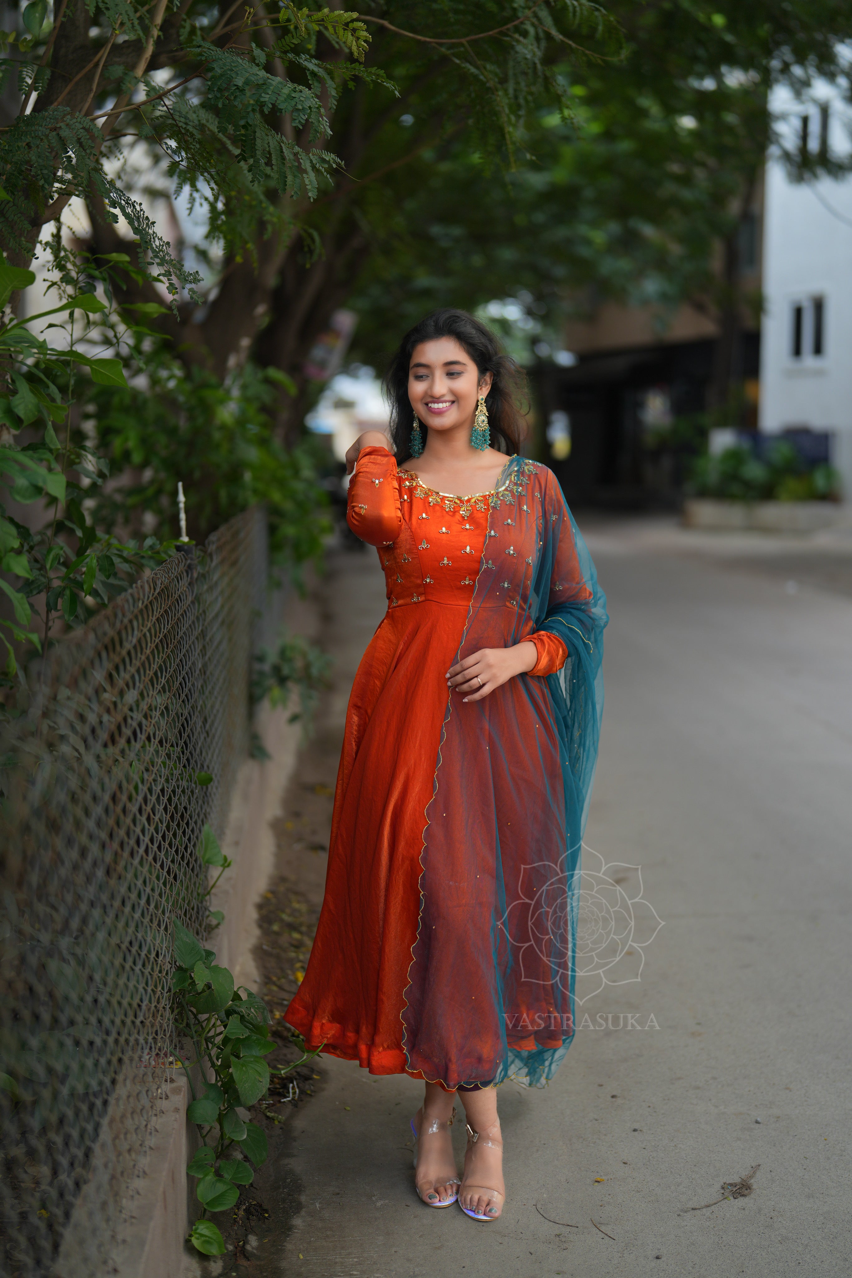 Rust orange space silk Anarkali