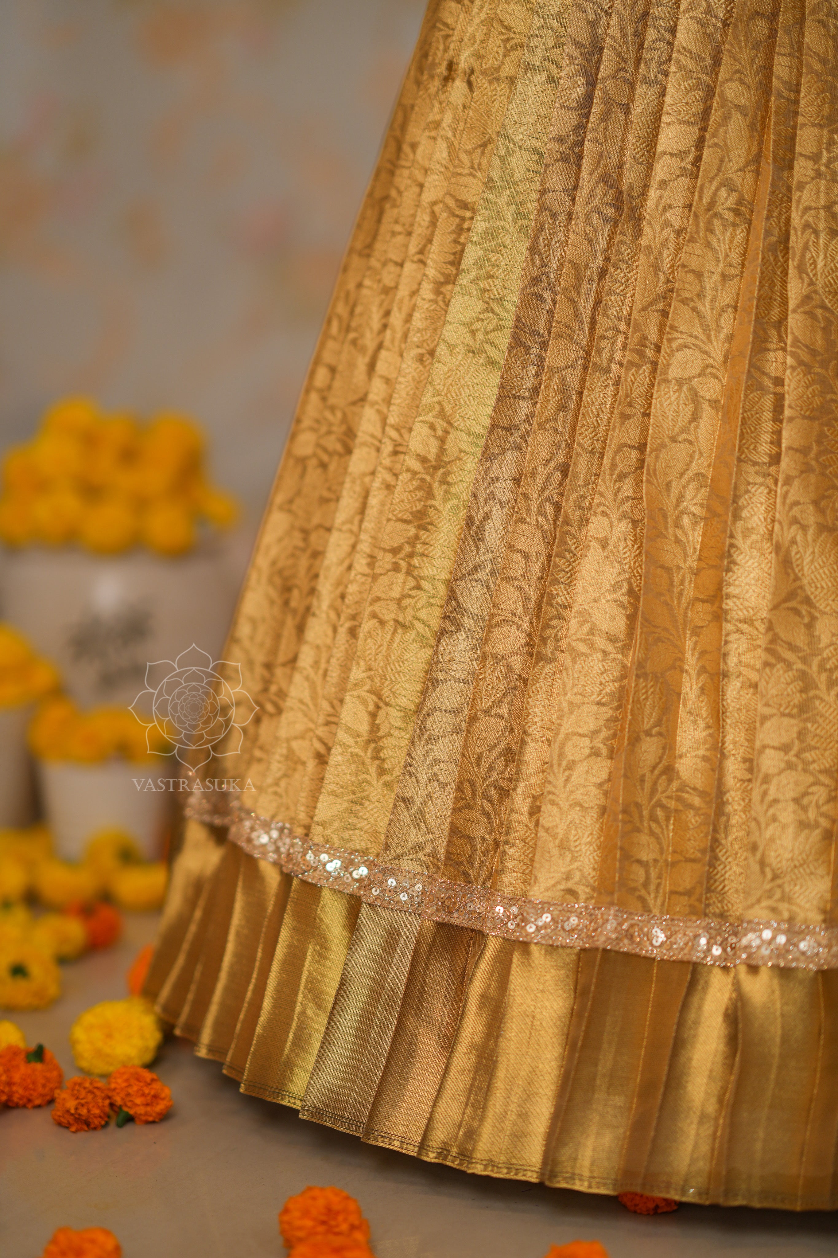 Golden Zari Weaved Banarasi Tissue Half Saree