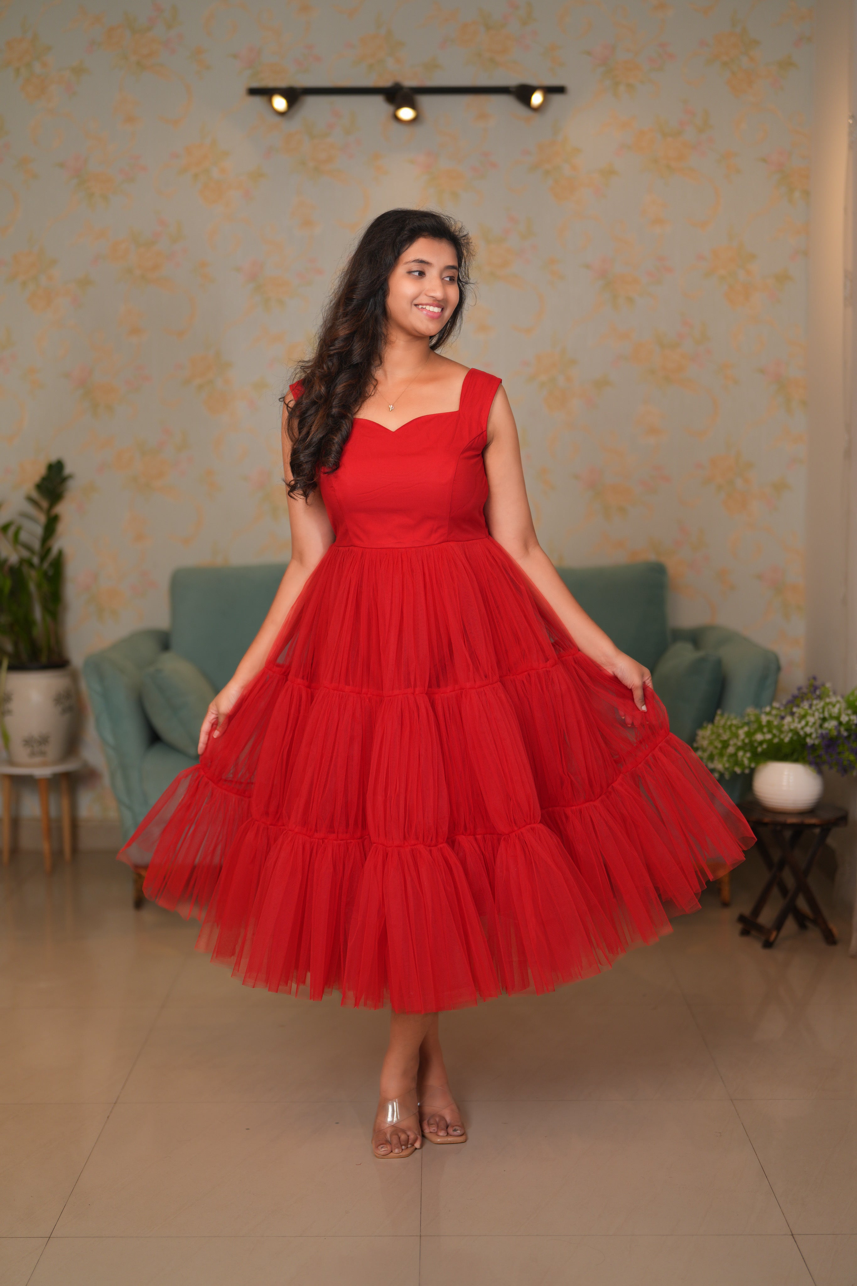 Red Net Layered Short Dress with Coat