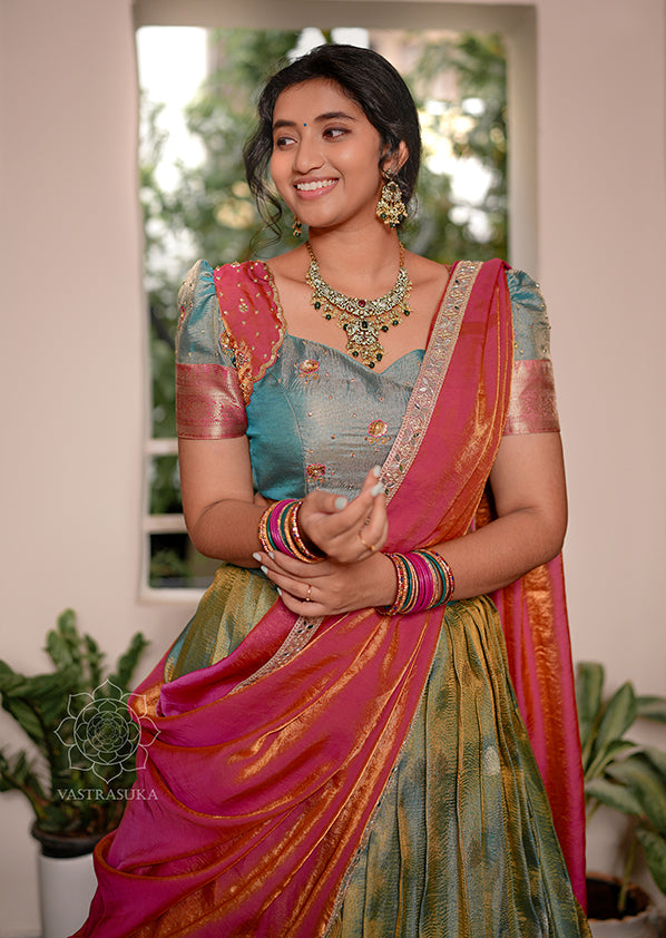 Rama Green Silk Tissue Half Saree