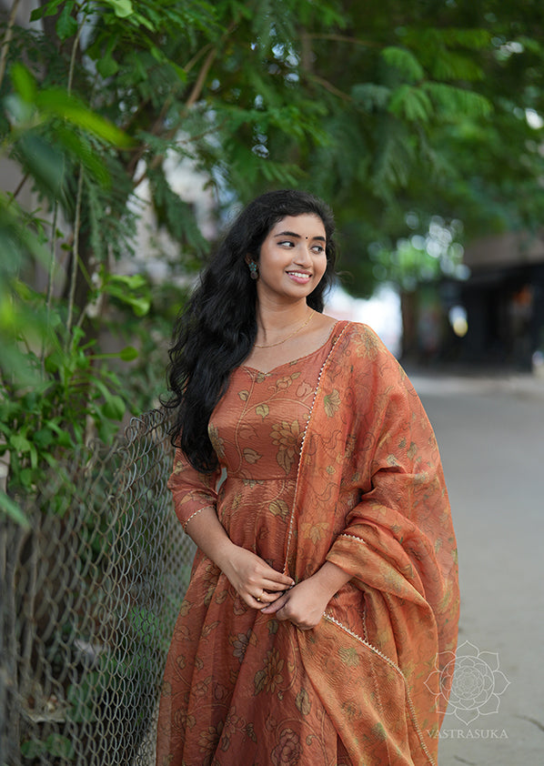 Peach Orange Tissue Anarkali