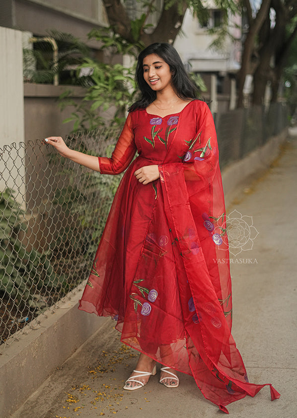 Burgundy Red Hand Painted Anarkali