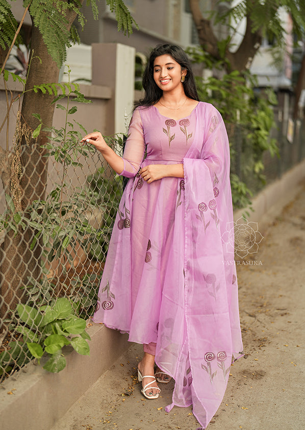 Lavender Hand-Painted Organza Dress Set