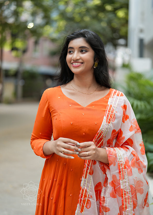 Rust Orange Mirror Embroidered Anarkali Set