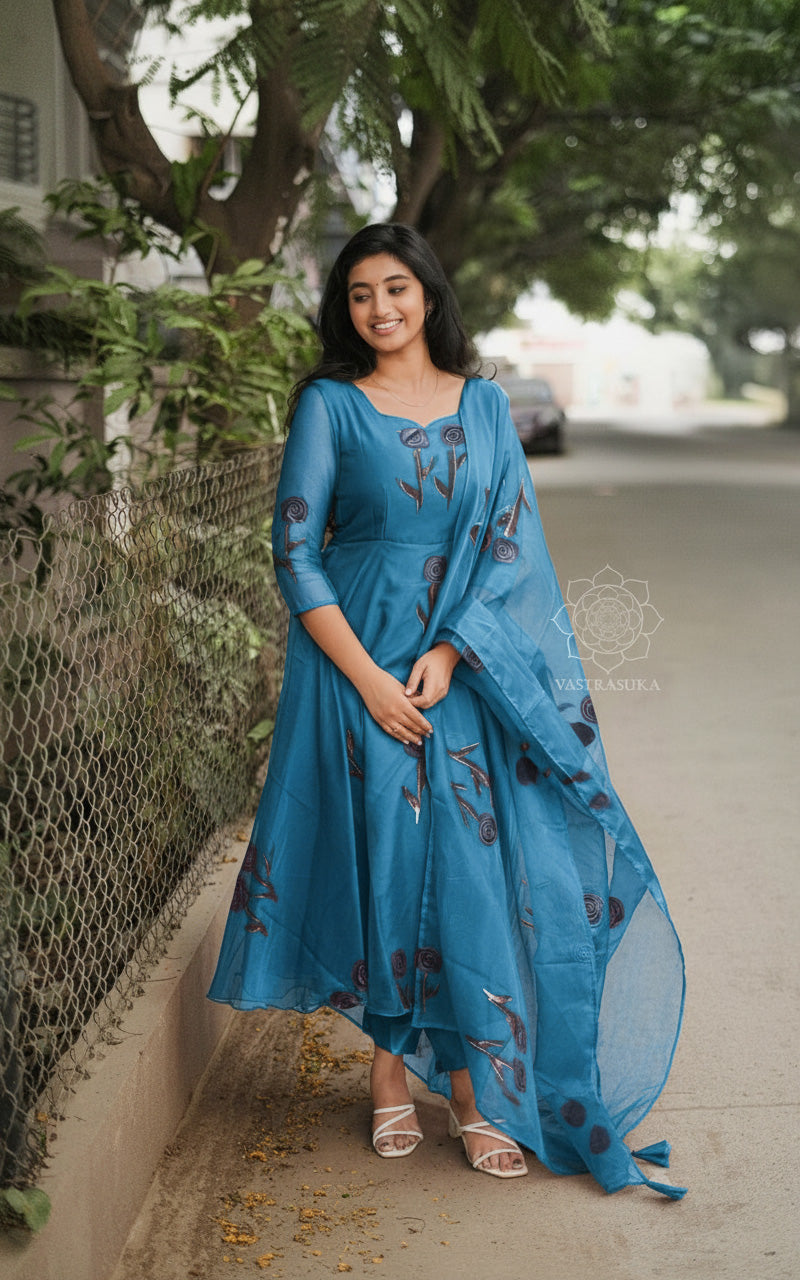 French Blue Hand Painted Anarkali