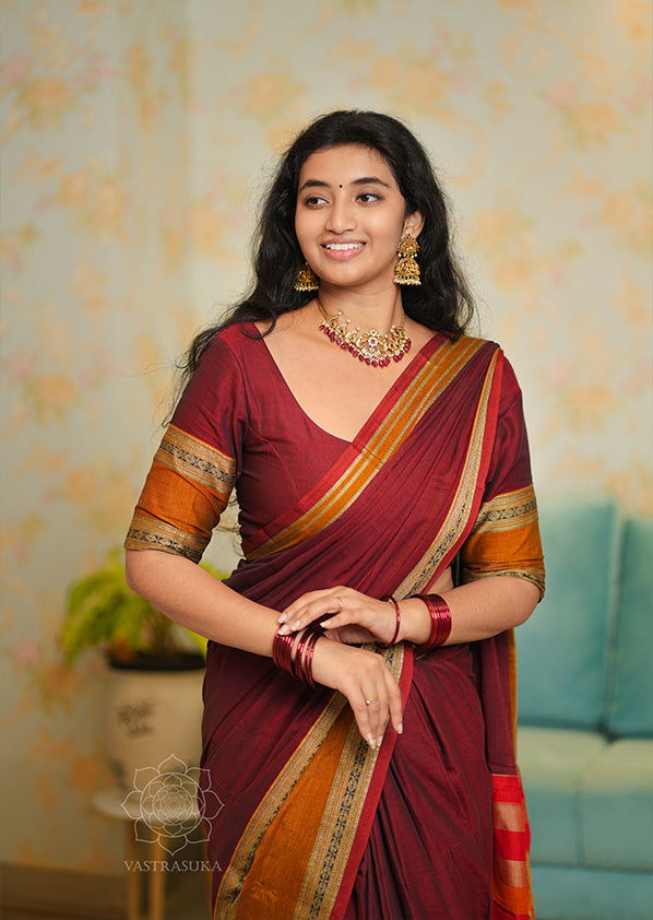 Burgundy Red Narayanpet Saree with Mustard Border