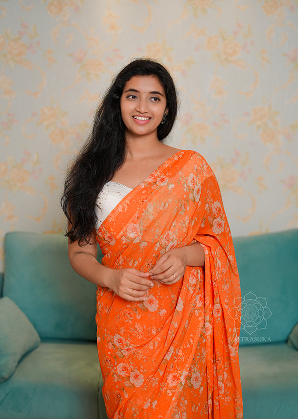 Orange Floral Chiffon Saree