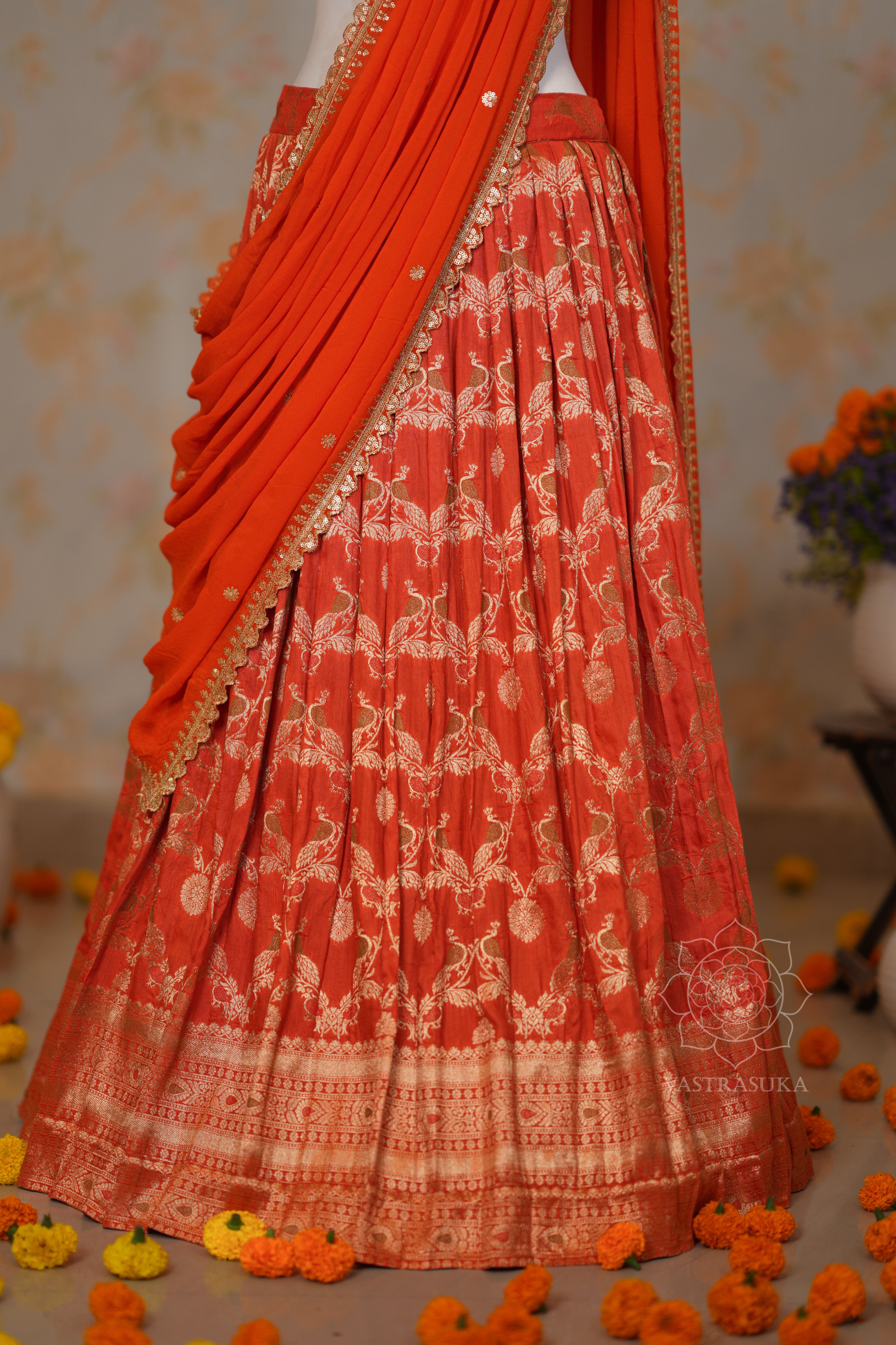 Orange Zari Weaved Half Saree