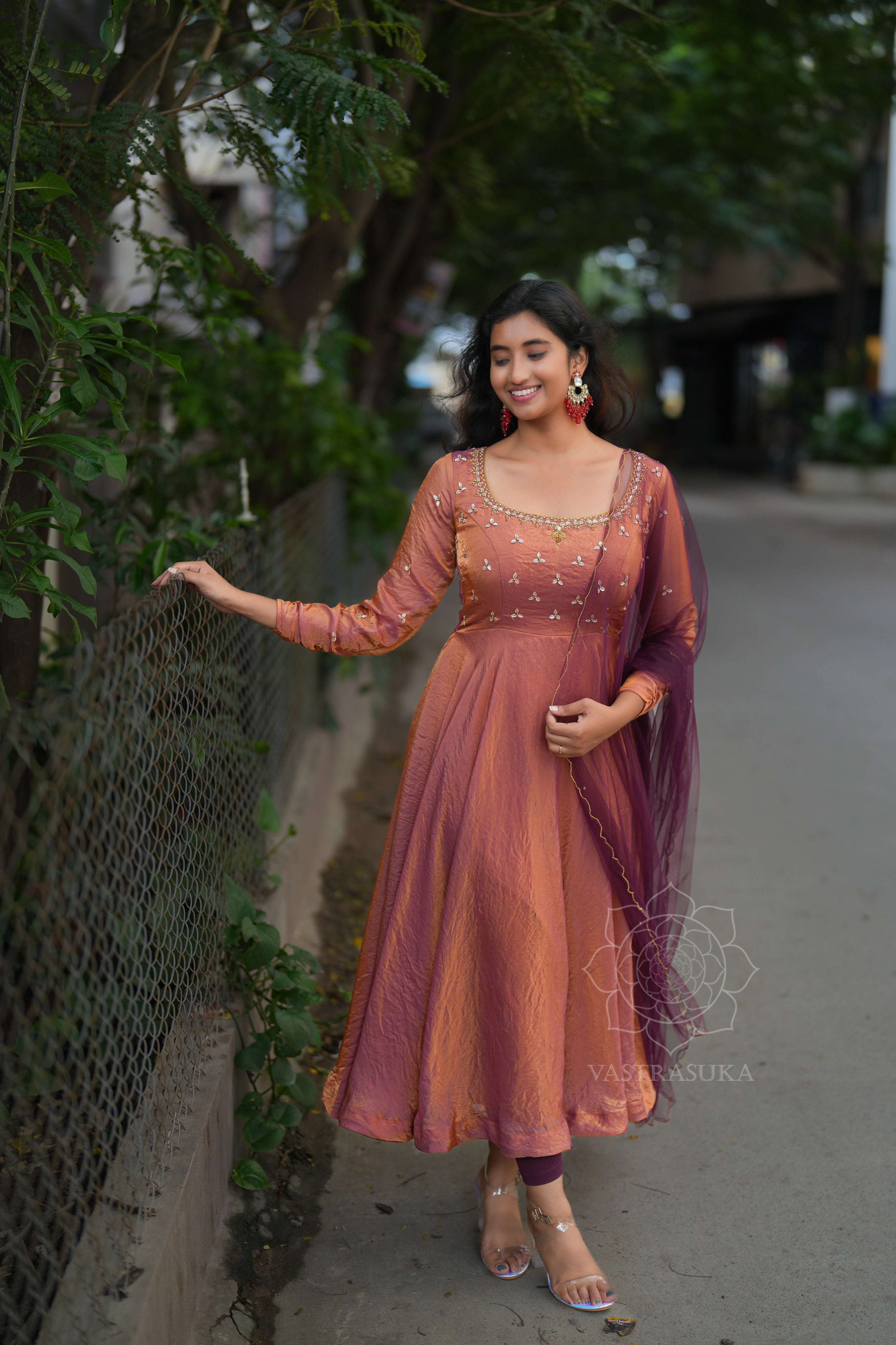 Peach & wine space silk Anarkali