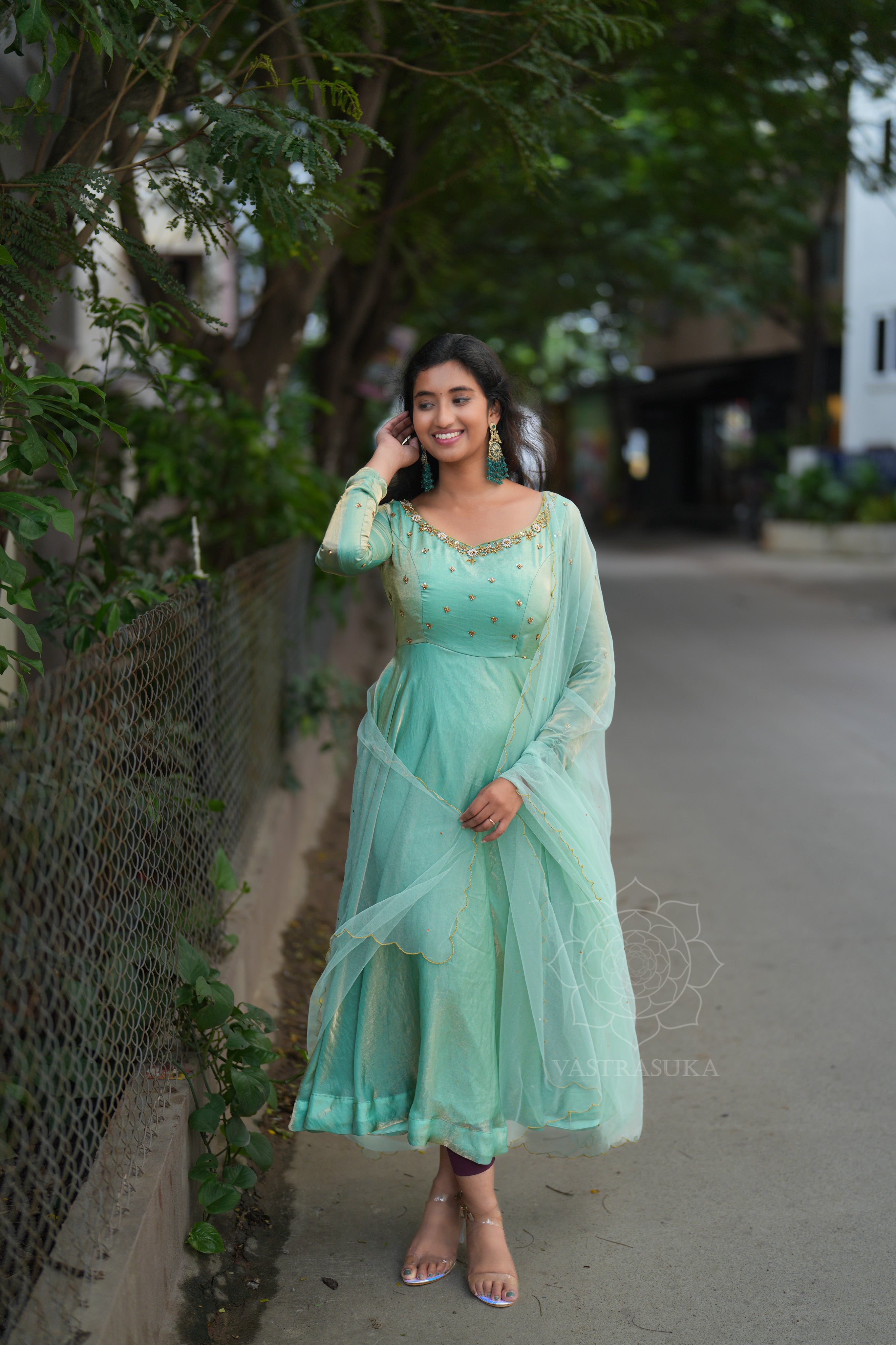 Sea green space silk Anarkali