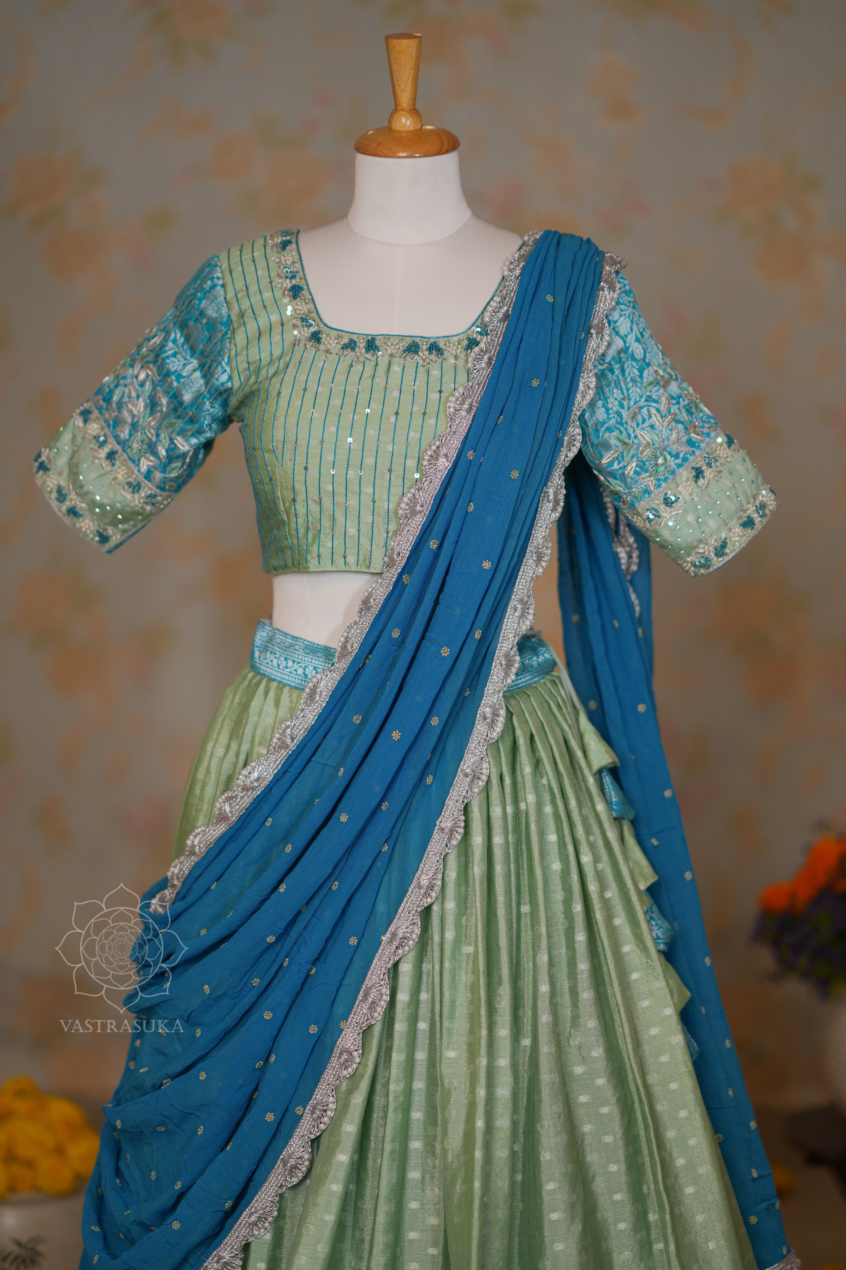 Pista and Teal Lehenga Set