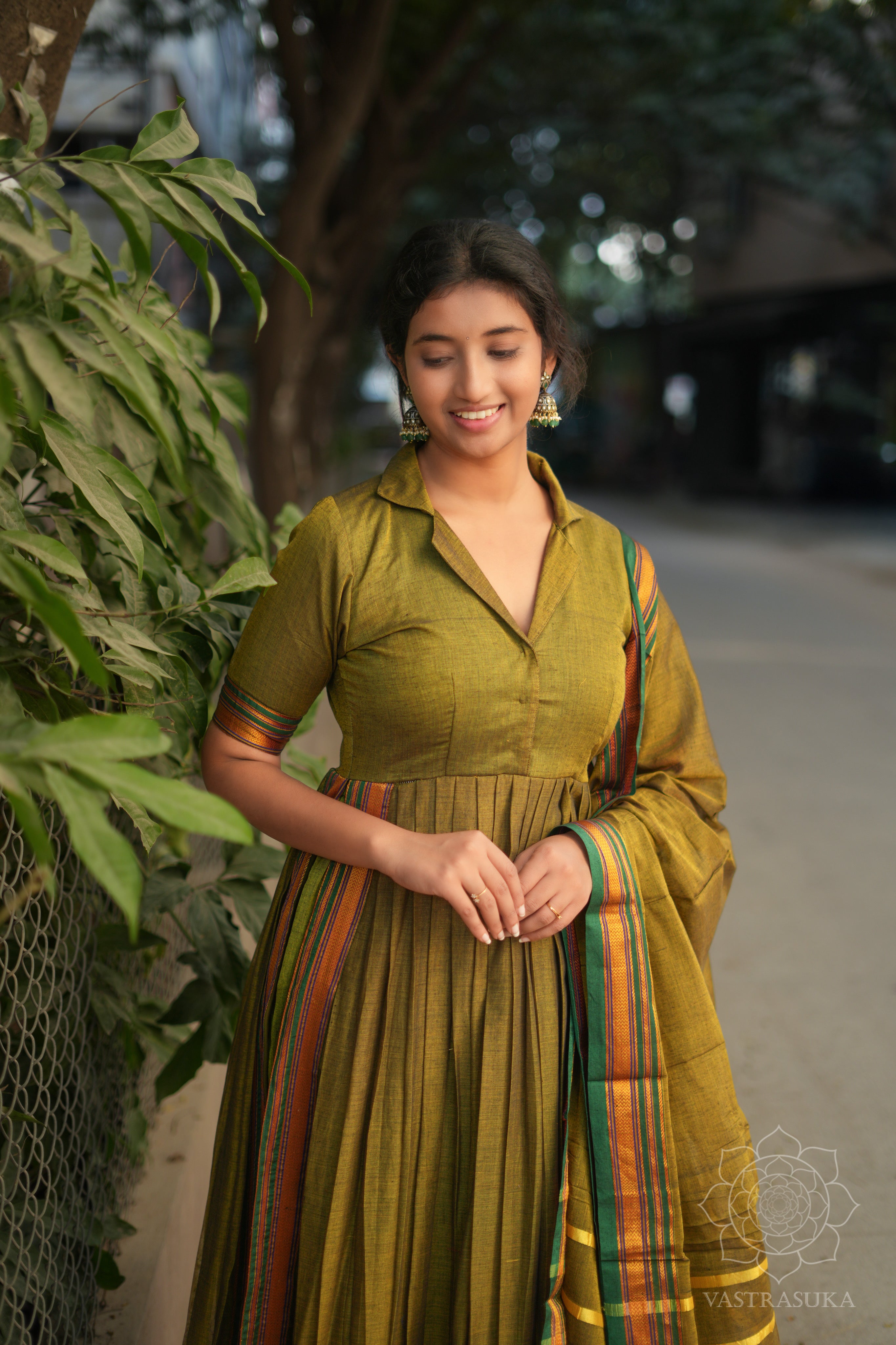 Mehandi green handloom frill kurti anarkali set