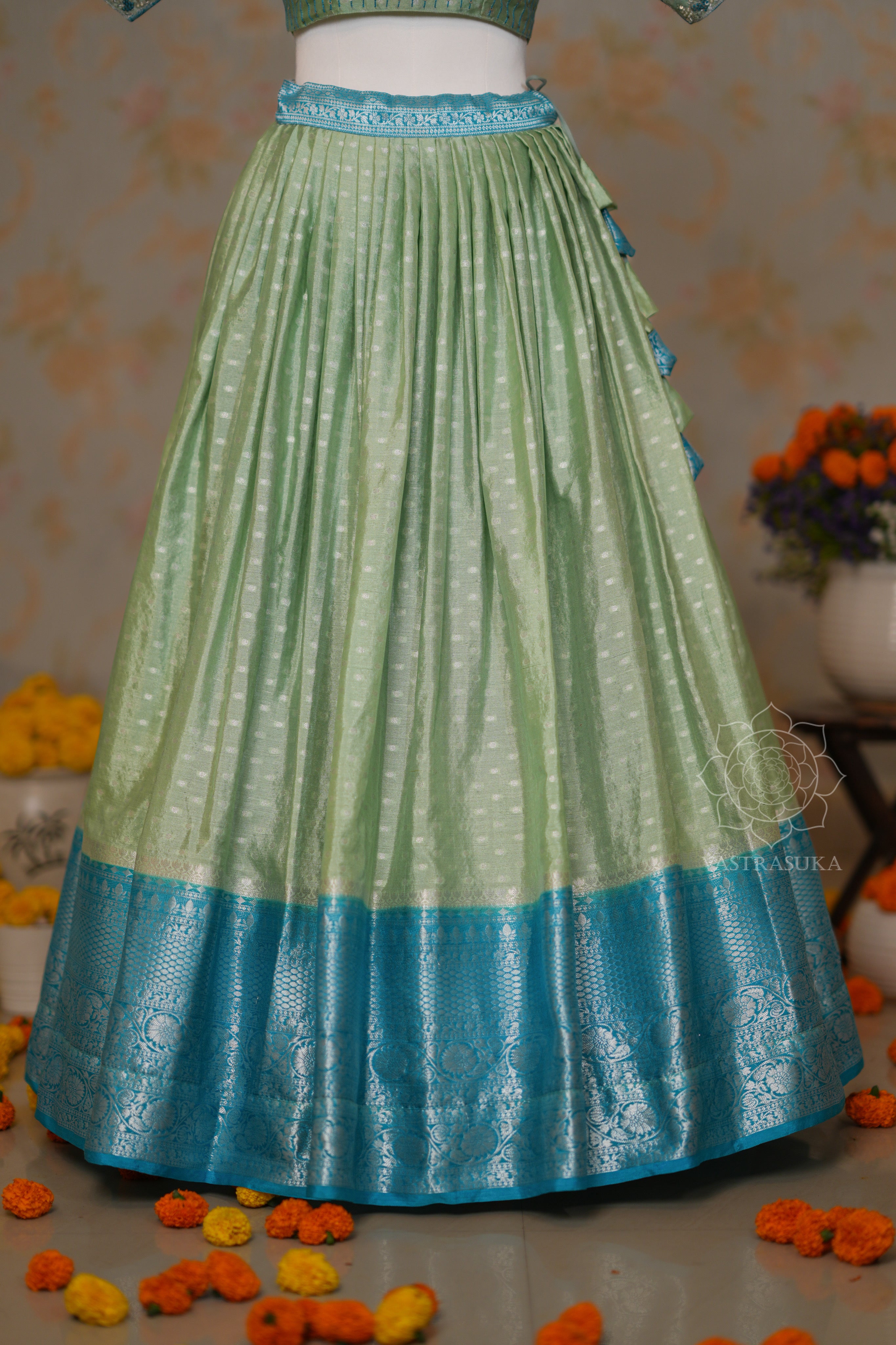 Pista and Teal Lehenga Set