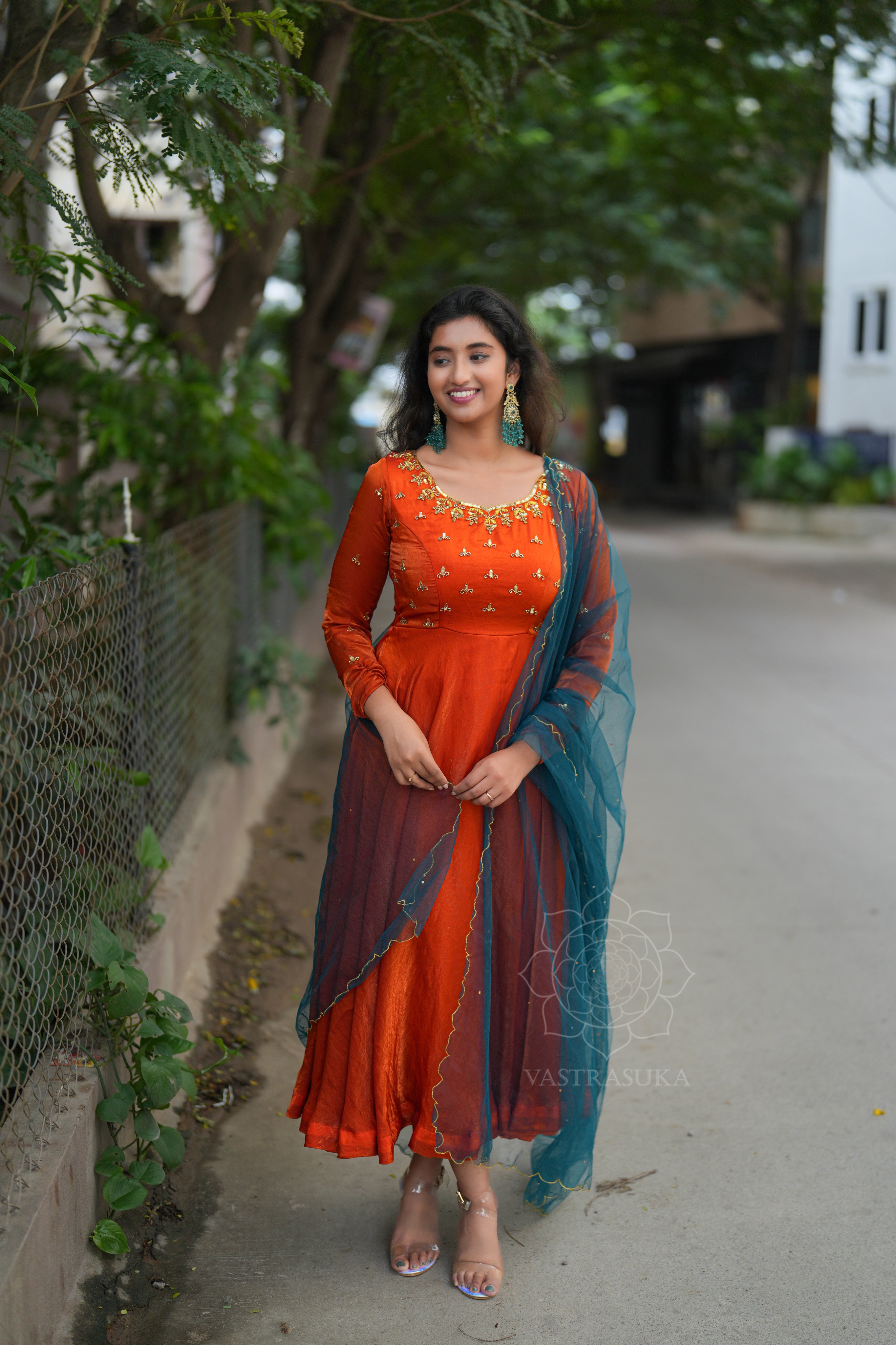 Rust orange space silk Anarkali