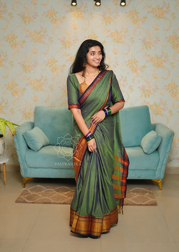 Peacock Green Narayanpet Saree with Navy Blue Border