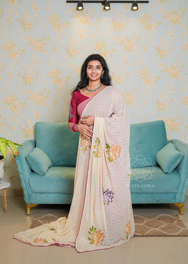 Half White Hand Painted Saree