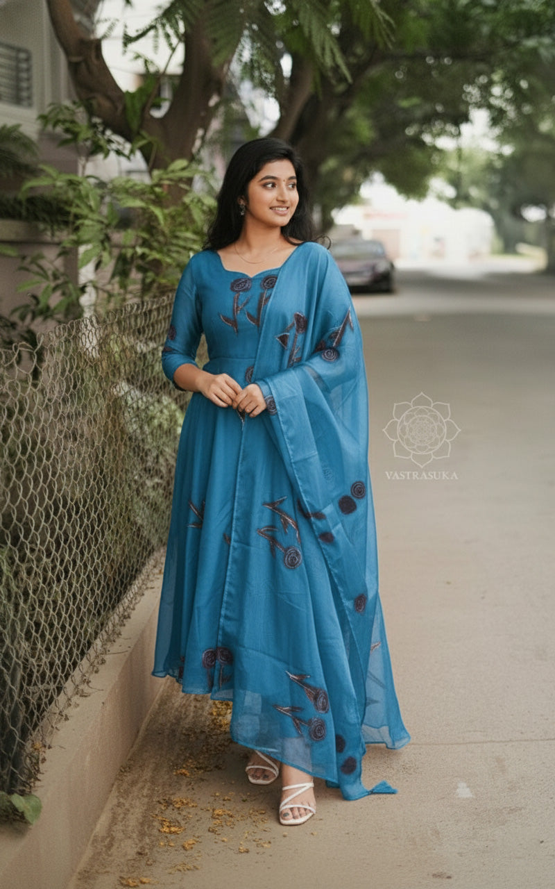 French Blue Hand Painted Anarkali