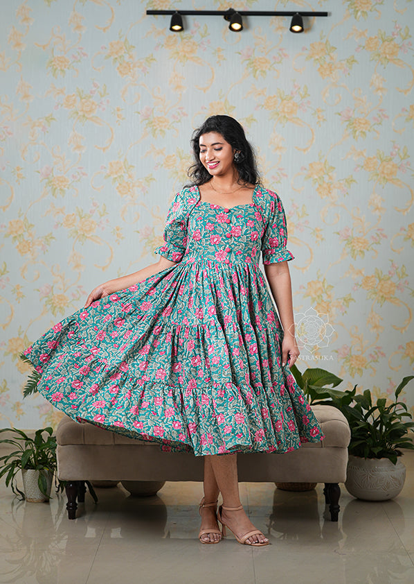 Emerald Green Floral Flared Dress