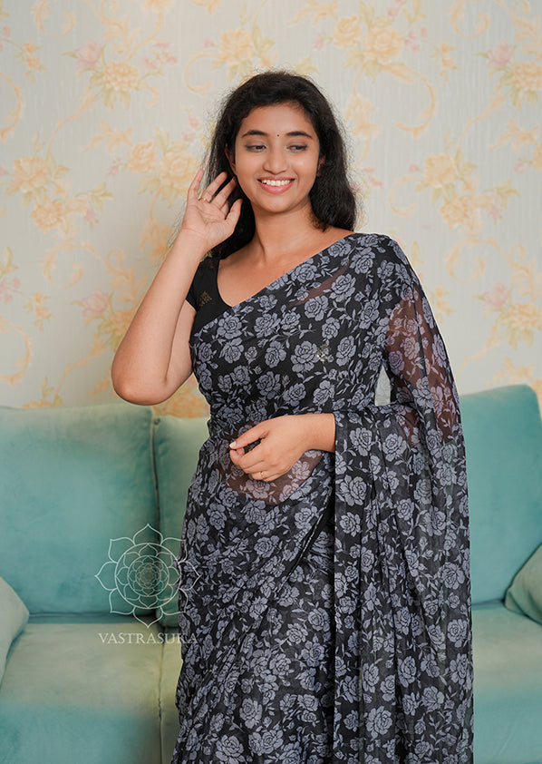 Black Floral Chiffon Saree